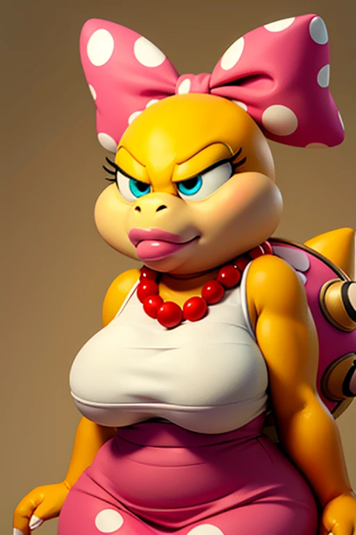 Slightly overweight wendy koopa,furry,tail,animal nose, yellow skin,blue eyes,makeup, pink lips,pink turtle shell, tail, Snobby expression,polka dot hair bow, necklace, short Pink polka-dot dress gold earrings, Red pearl necklace, Pink polka dot bra, big Chest, high quality, masterpiece,, 