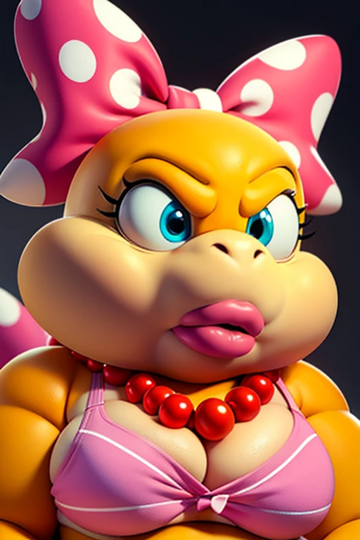 Slightly overweight wendy koopa,furry,tail,animal nose, yellow skin,blue eyes,makeup, pink lips,pink turtle shell, tail, Snobby expression,polka dot hair bow, necklace, short Pink polka-dot dress gold earrings, Red pearl necklace, Pink polka dot bra, big Chest, high quality, masterpiece,, 