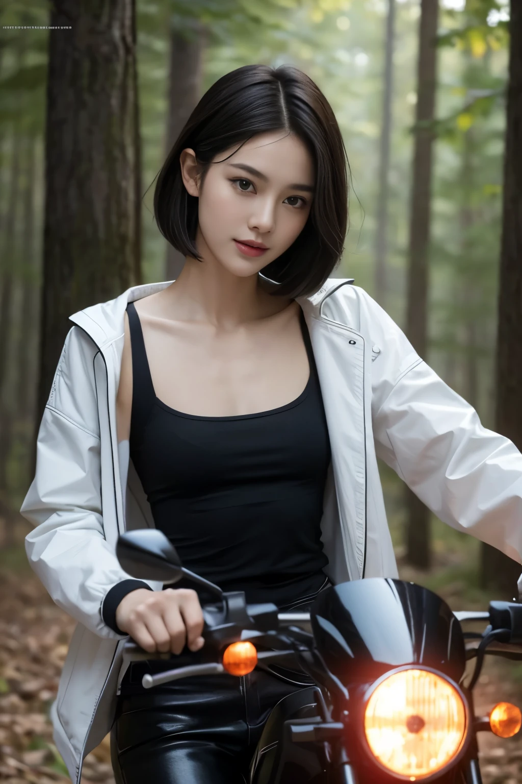 ((,tomboyish,small head)), (well defined abs: 1.1), (perfect body: 1.1), (short length straight hair: 1.2), black hair,attractive collarbone，（Highly detailed CG 8k wallpaper），（Incredibly stylish and beautiful），（masterpiece），（best quality：1.0），（초high resolution：1.0），upper body photo，[high resolution]，beautiful girl riding a motorcycle，jollity，smile，Smooth, flawless, fair skin，Ultra-detailed ，long legs，flattest，slim，emaciated，Popular fashion styles in Korea, jacket, in the forest，Realistic motorcycle perfect details，enlargement，midnight，The lights are dark，starry