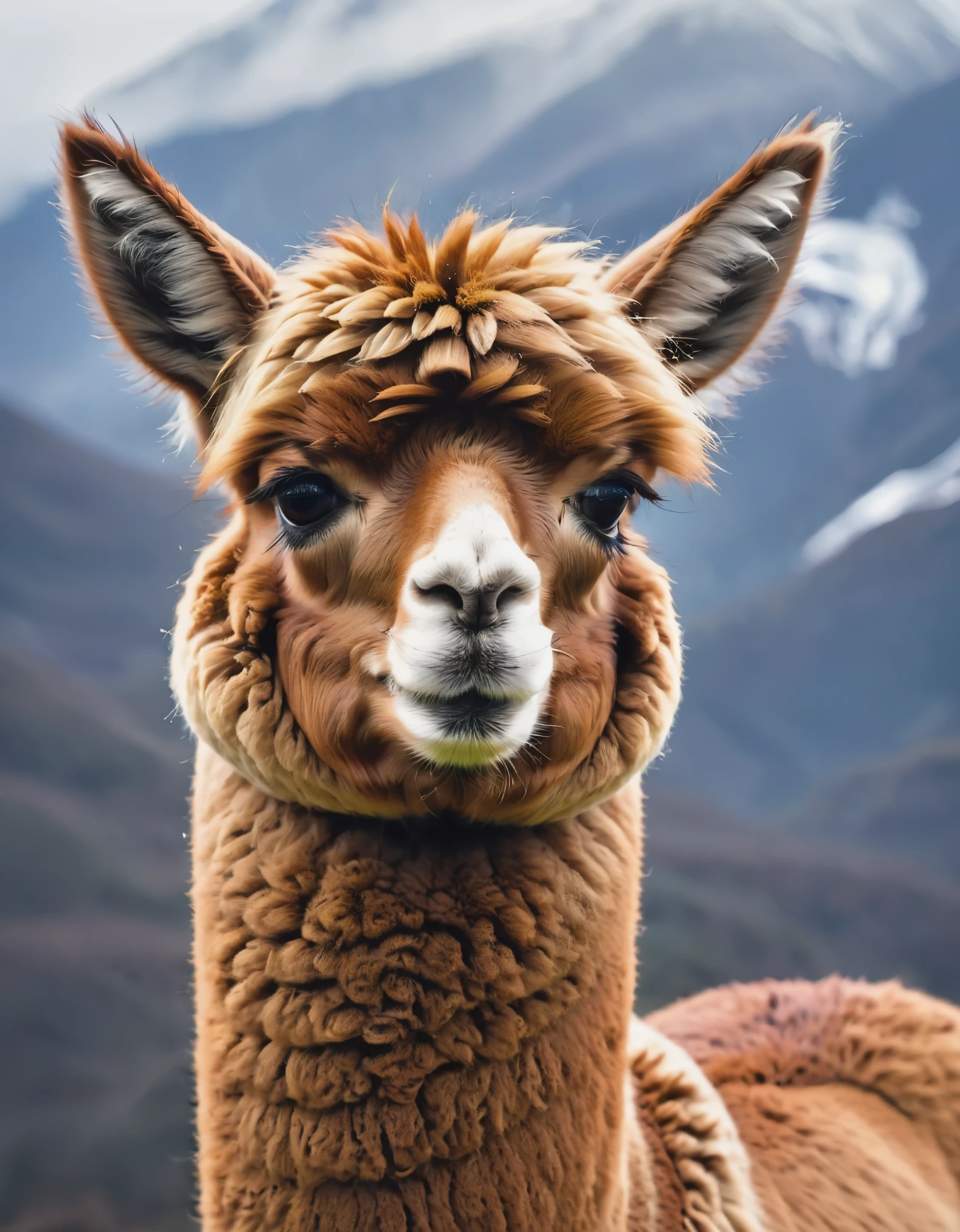 1 alpaca，traditional media,look up,cold background ,(animal portrait、Alpaca details） ,( Solitary)