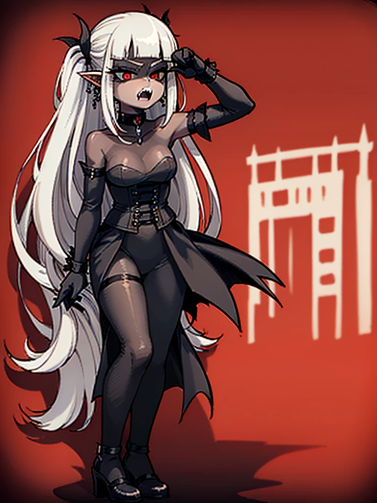 1girl, best quality, high quality, (masterpiece), pale skin, young, vampire, ((fangs)), fang, long hair, wavy hair, blonde hair, red eyes, pointy ears, black hairband, black dress, gothic dress, elegant dress, black mary janes, (hands on hips), (night), (fog)