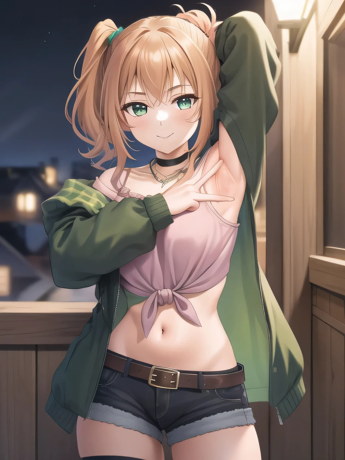 (masterpiece, best quality:1.2),illustration,8k,hd,1girl,solo, green eyes,side ponytail,brown hair,jacket,tied shirt,pink shirt,belt,choker,long hair,midriff,necklace,jewelry,off shoulder,green jacket,denim shorts,breasts,long sleeves,black shorts,black choker,bangs, solo, night sky, forest, arms behind head, contrapposto, spread armpits, closed mouth, smile, upper body,