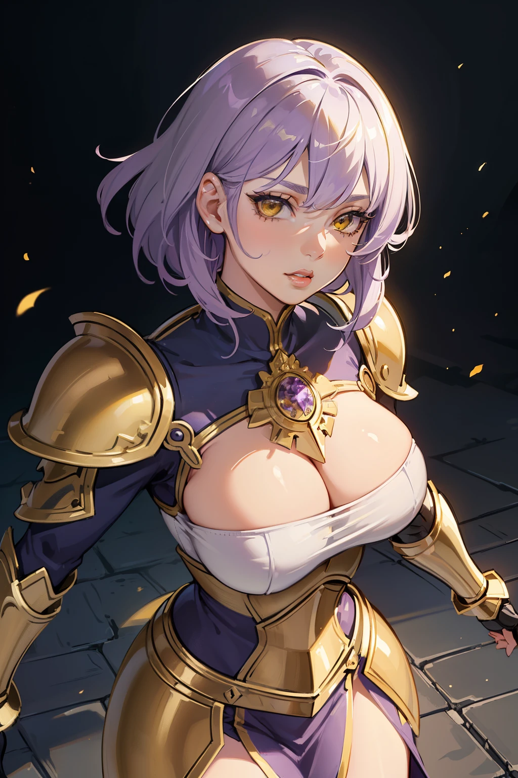 ((best quality,ultra-detailed,realistic)),HDR,UHD,studio lighting,1girl,professional,vivid colors,bokeh,portrait,purple short hair,((short hair)), ((cabelo curto)), light purple short hair,beautiful detailed yellow eyes, ((yellow eyes)), very long hair,pale skin,curvaceous,concrete,shadow,dark atmosphere, silver armor,pretty, delicate features, long lashes, big lips, beautiful, straight hair, long lashes, big lips, beautiful, ((golden eyes)), ((magic background)), ((light purple hair)), ((medieval silver armor)), ((cool armor)), (((full armor)))