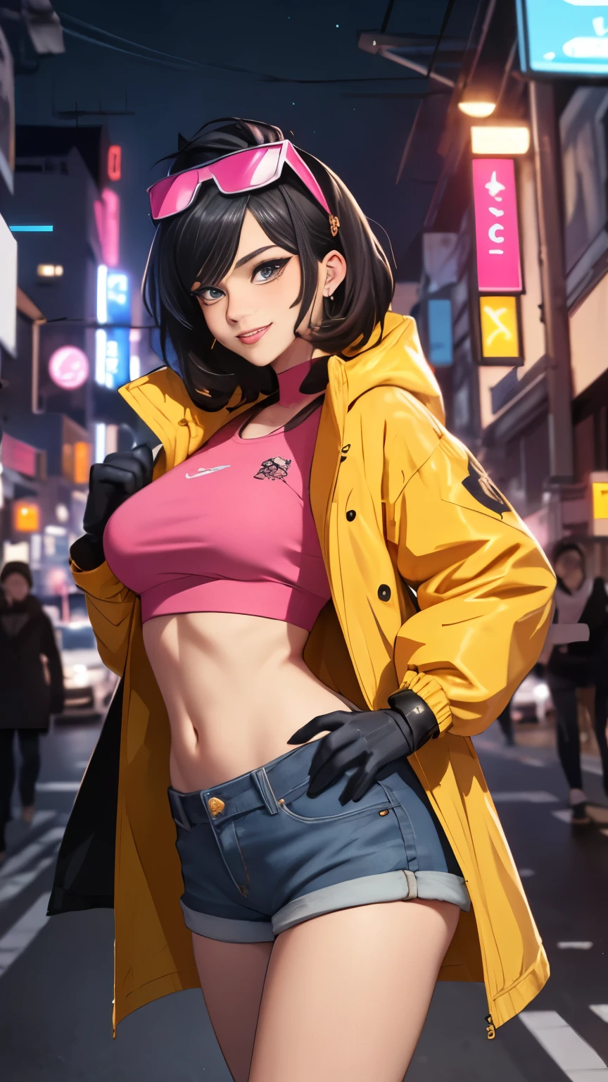 (Highly quality, masterpiece, detailed), night city detailed scenario, night city detailed background, solo, jubilee, black hair, pink crop top, raincoat, jean shorts, blue gloves, eyewear on head, smirk, navel, perfect face, beautiful eyes, looking at the viewer, Sexy pose