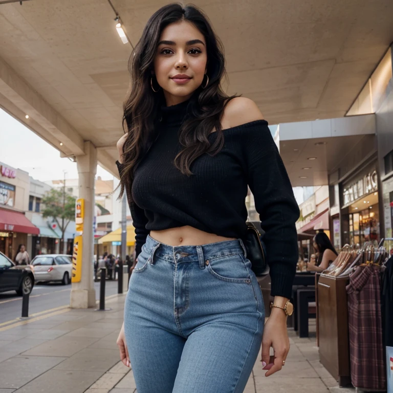 highres,realistic,portrait,young,beautiful,labanese,girl,20 years old,big eyes,detailed facial features,long eyelashes,sharp beautiful nose,wavy detailed black hair,natural makeup,fashionable attire,stunning smile,vivid colors,soft lighting,warm tones,rich skin texture,subtle shadows,natural environment,in mall store parking lot,looking at viewer,tasteful pink top, tight blue jean pants, lips, sly smile,perfect waist,earrings,perky butt,sexy,brown purse in her hand