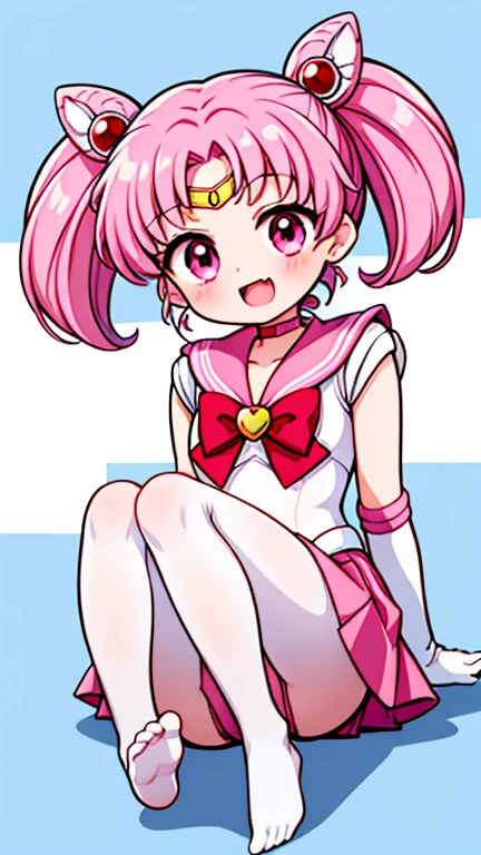 Sailor Moon，young年，Seven years old，cute，（Little Loli），Pink hair twintails，short hair，Sailor Suit，red bow，White elbow gloves，Red Skirt，no shoes，Open your mouth，laughing out loud，Fangs，(White pantyhose),soles of feet，soles of feet，（young），（The body is small and delicate）