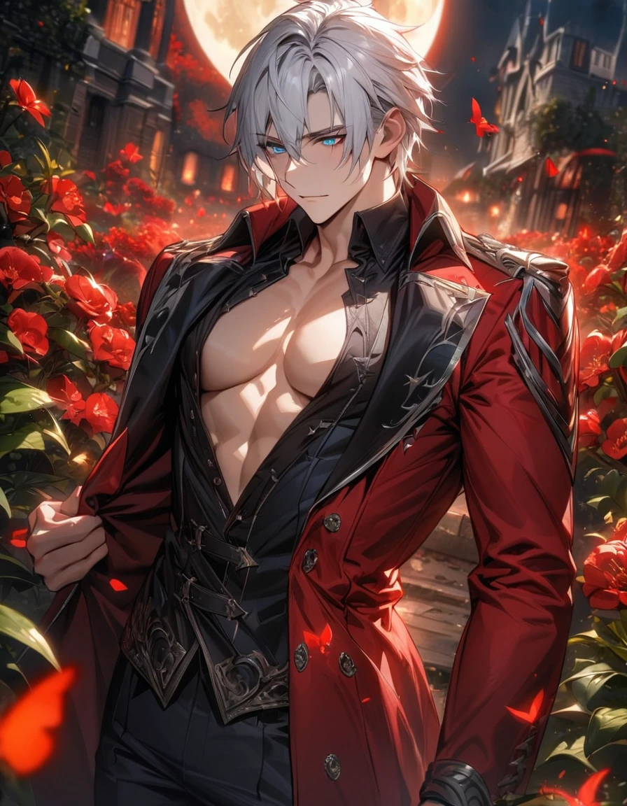 absurdres, highres, ultra detailed, HDR, masterpiece, Dante, white hair, expressive blue eyes, Devil May Cry, 1man, handsome, red coat, showing the chest, garden, red petals, red flowers, red butterflies, moon