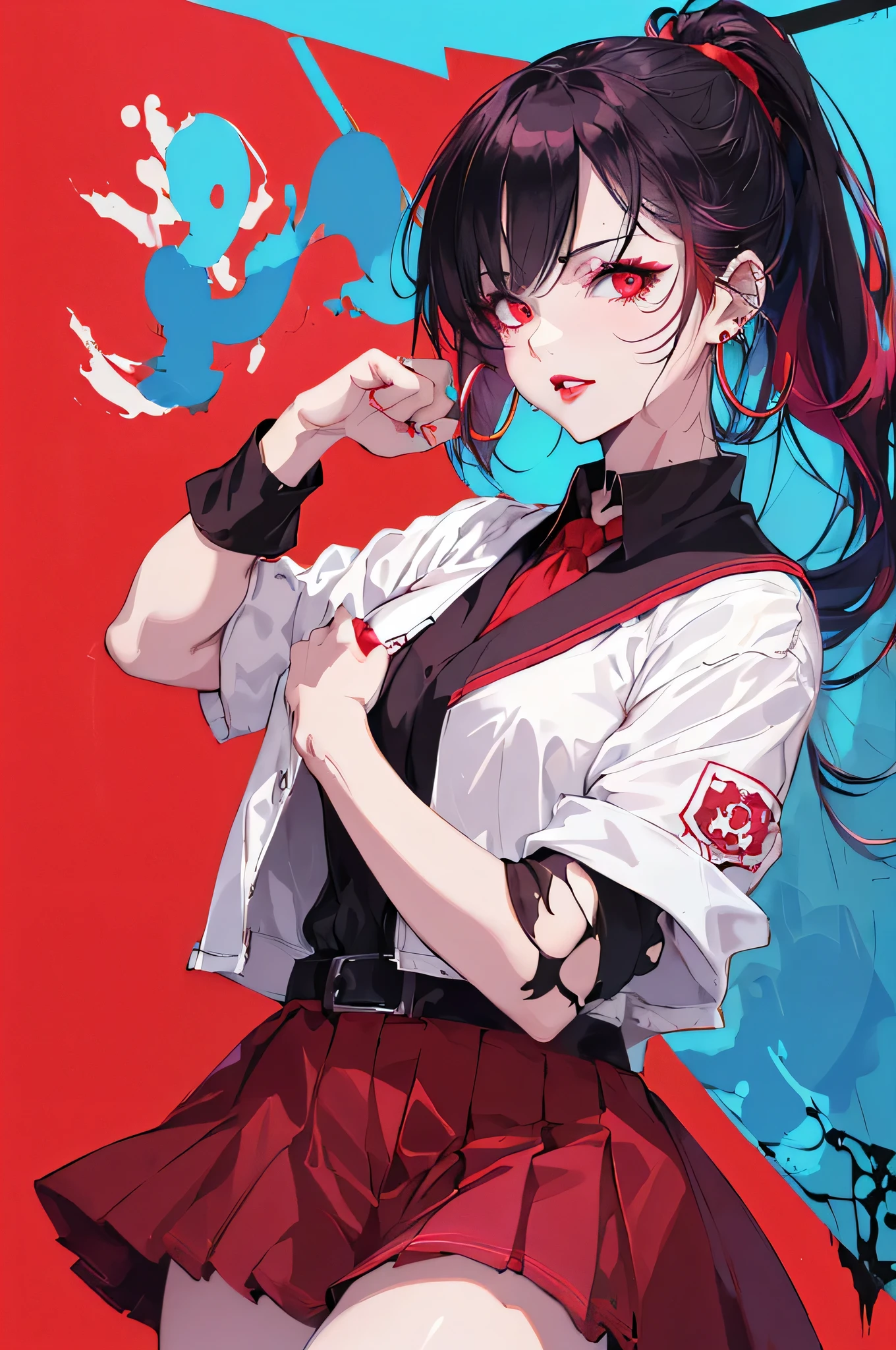 Red eyes, Clear Eyes, choker, Neon Shirt, torn legwear, open jacket、Blue pubic hair catches my eye,Bright red background、((Red background)), graffiti, Shineing grafiti, Shineing tattoos, Shine, Neon Light, Black light,Anime Style, movie portrait photography, 1 female, 22 years ago, Whole Body Ezbian,Big and ample breasts, anger, (Scarlet Hair), Long Hair, Purple eyes, wearing a short black dress, (Natural skin texture vivid details, Surreal, (Realistic eyes, Natural skin texture, Realistic facial details), Soft and dramatic lighting, Written boundary depth, Bokeh, vivid details, Surreal, 35mm movie, Absent-minded, movie,lipstick, ear piercing, eye shadow, Hoop Earrings, red pink lips, multicolored red eyes, Red background,Beautiful Eyes,Bold Pose、Strike a Pose,upper ponytail,drooping bangs,Droopy eyes、((school uniform))、high school girl,Raise your arm、Raise your fist