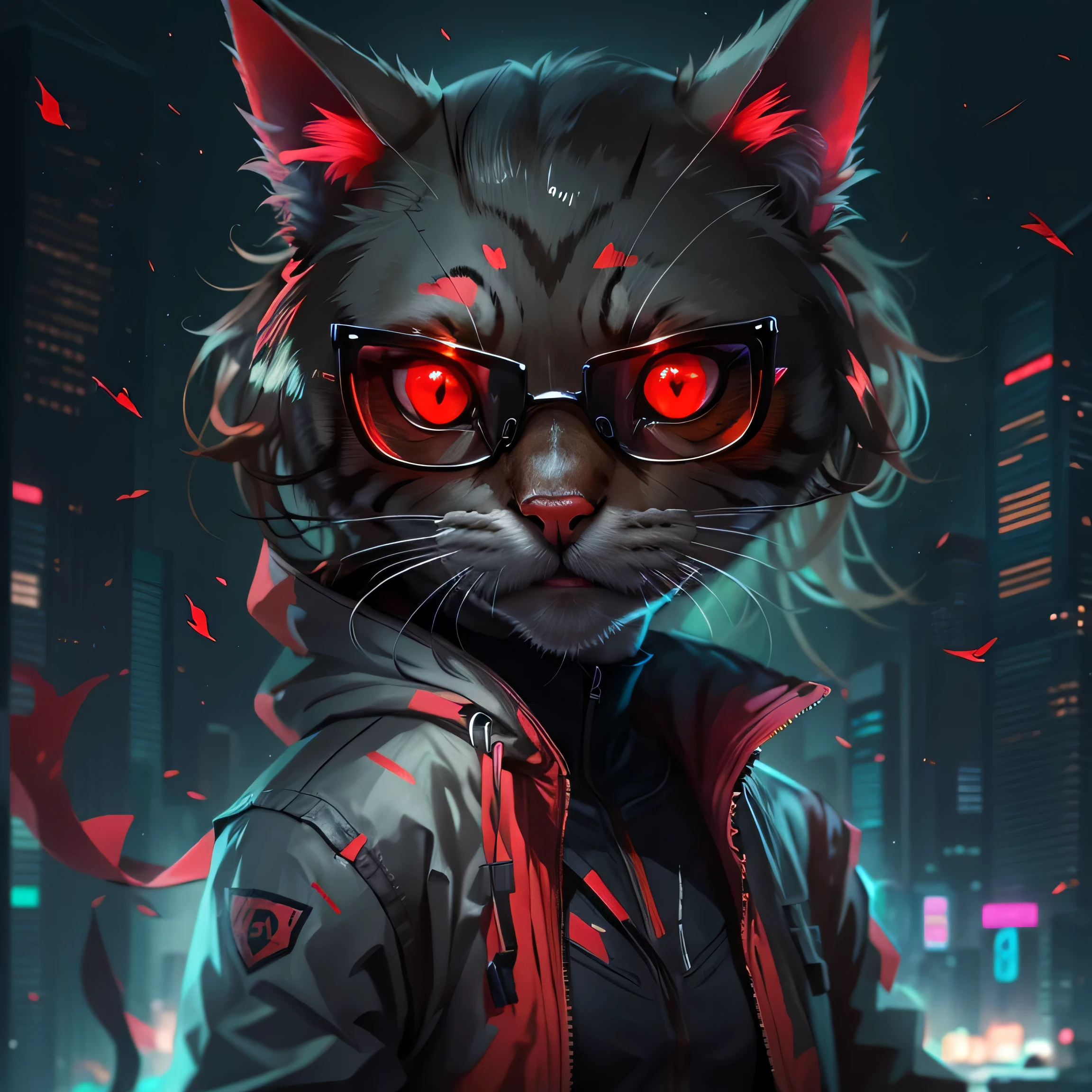 There is a cat wearing a red jacket and glasses., Cyberpunk Cat, red eyes, Red eyes, Red eyes, cyborg cat, red glowing eyes, Red eyes, cat - like scarlet eyes, Assassin Cat, bright Red eyes, devil cat, fully Red eyes, cybercat, with red glowing eyes, glowing Red eyes, Red eyes