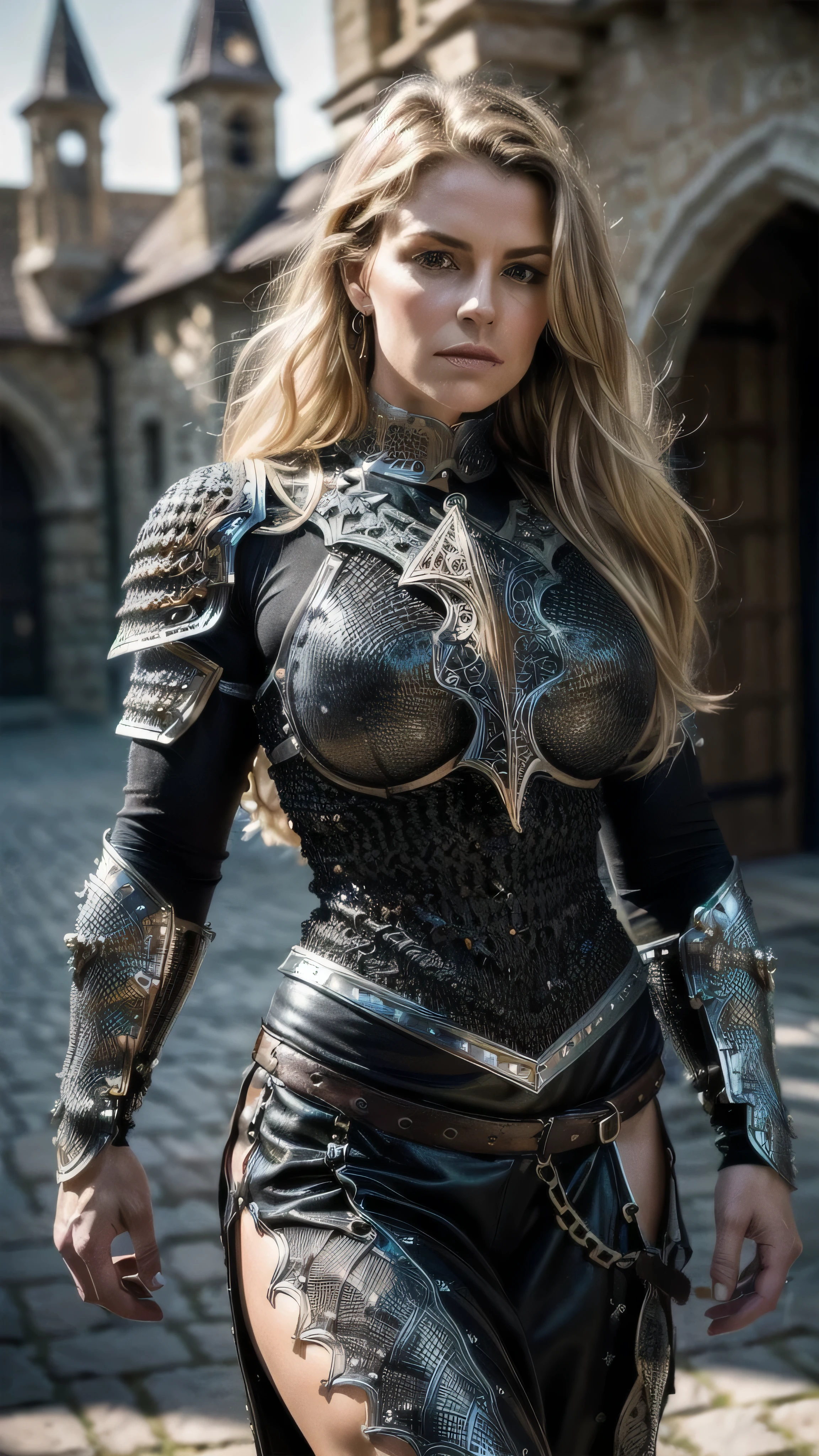 (masterpiece), (extremely intricate:1.3), (realistic), portrait of a muscular bodybuilder girl, ((((medieval armor:1.6 black gold filigree breastplate, perfectchainmail)), wind blown blowing [blonde hair:dark hair:0.6], [flat chest:large breasts:0.6], from below), tattoo:1.0), metal reflections, upper body, outdoors, intense sunlight, far away castle, professional photograph of a stunning woman detailed, (short undercut dark shaved hair, dynamic pose), sharp focus, dramatic, award winning, cinematic lighting, volumetrics dtx, (film grain, blurry background, blurry foreground, bokeh, depth of field, sunset, interaction, blackiron Perfectchainmail ribbons), 8K