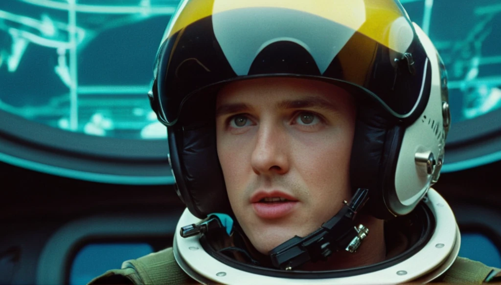 A scene close-up from a Film directed by James Cameron James Cameron, 2024s, science fiction movie, action, fury, no glitches, A young and Handsome Pilot, piloting a futuristic ship, serious, focused, James Cameron style, dramatic action shot, award winning, Truth cinema , film grain, photo taken with provia, shot on Cinestill 800T 35mm