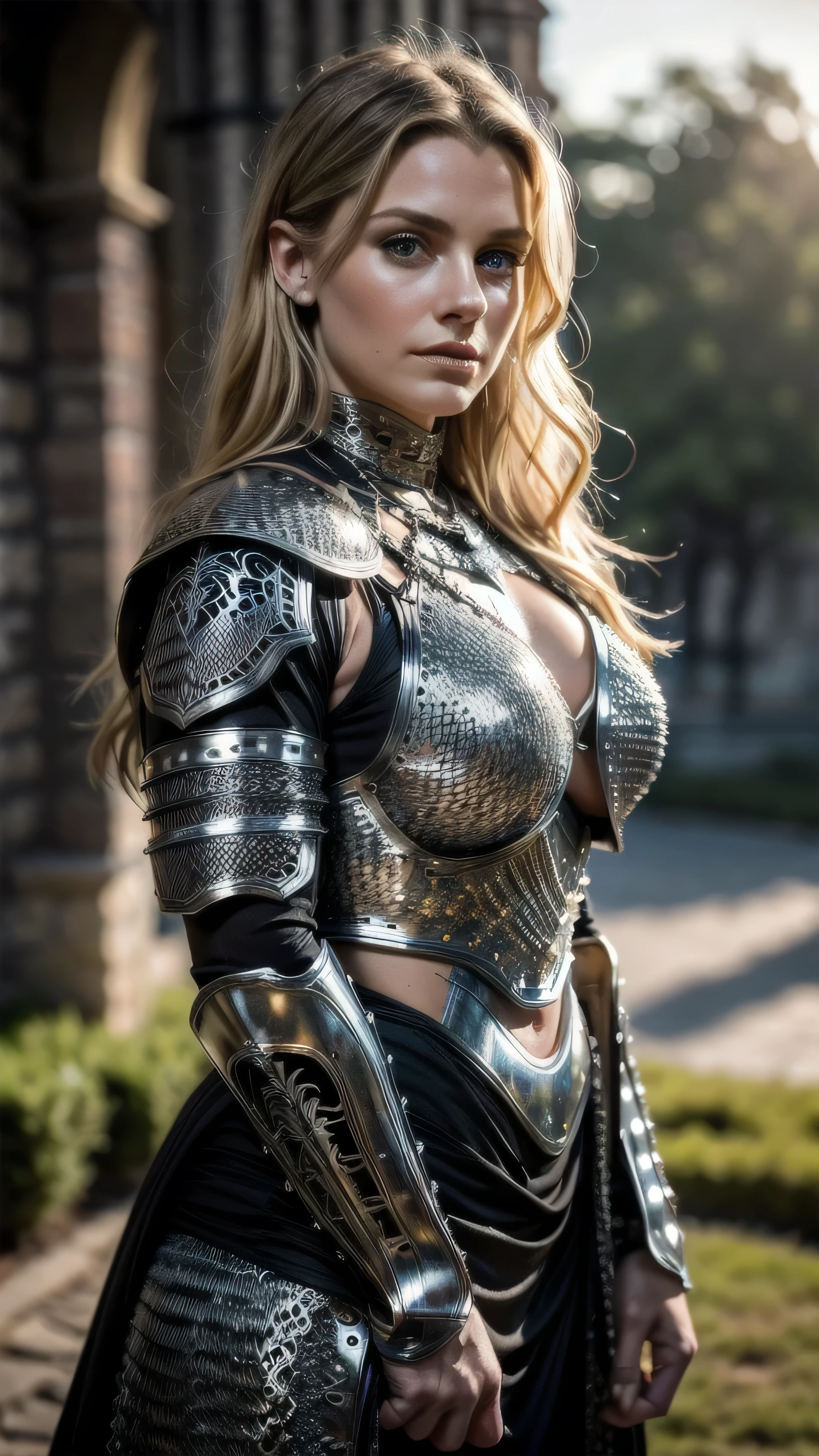 (masterpiece), (extremely intricate:1.3), (realistic), portrait of a muscular bodybuilder girl, ((((medieval armor:1.6 black gold filigree breastplate, perfectchainmail)), wind blown blowing [blonde hair:dark hair:0.6], [flat chest:large breasts:0.6], from below), tattoo:1.0), metal reflections, upper body, outdoors, intense sunlight, far away castle, professional photograph of a stunning woman detailed, (short undercut dark shaved hair, dynamic pose), sharp focus, dramatic, award winning, cinematic lighting, volumetrics dtx, (film grain, blurry background, blurry foreground, bokeh, depth of field, sunset, interaction, blackiron Perfectchainmail ribbons), 8K