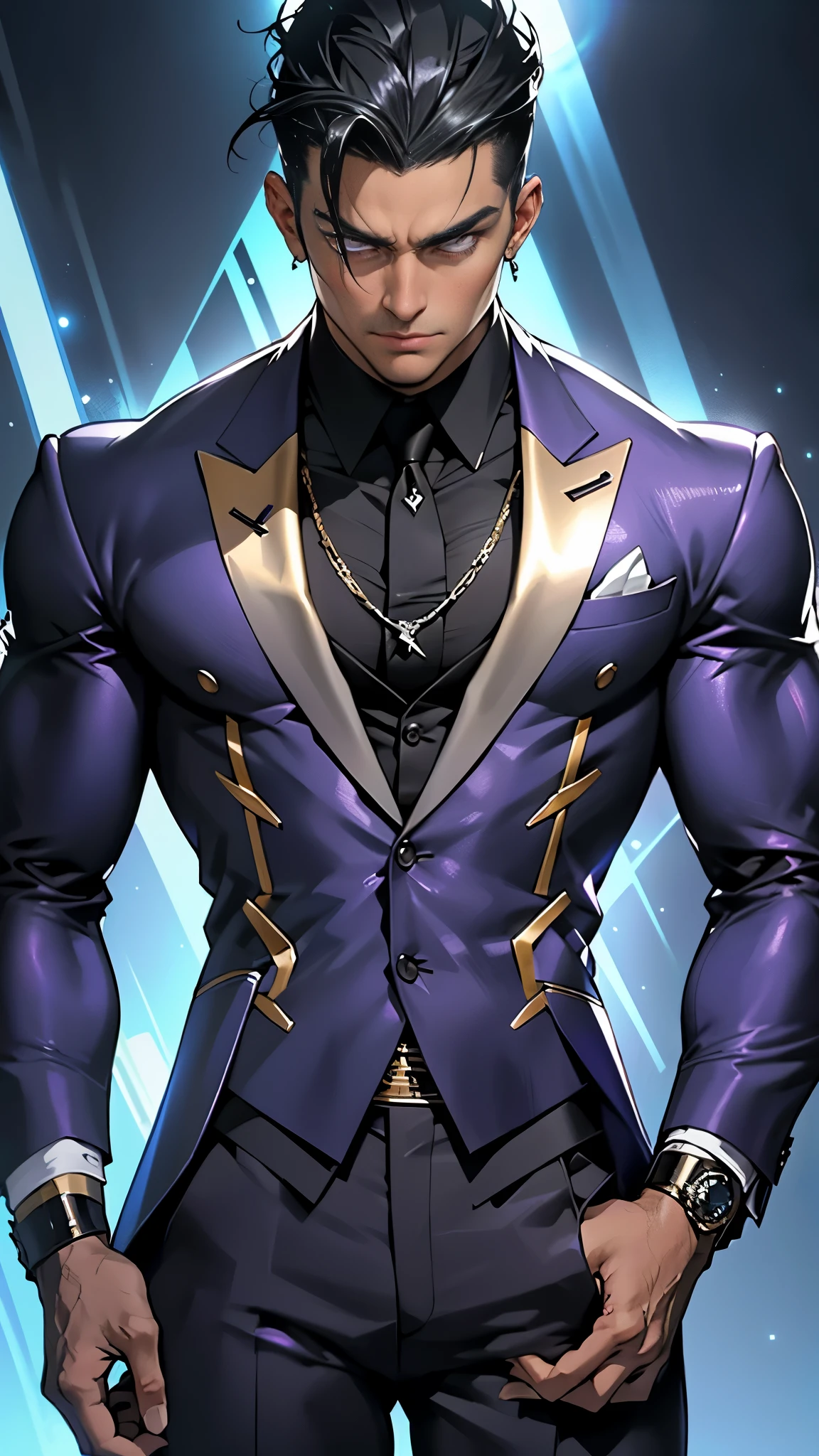 A muscular man with black hair and captivating purple eyes, clad in a well-tailored suit, exudes an aura of strength and training. His exquisitely defined facial features, three-dimensional and perfect, are accentuated by the sharp angles and sleek lines of his suit. With a confident stride, he commands attention, his suit reflecting the brilliance of the light particles surrounding him. This masterpiece, a high resolution and luxury goods detail-rich image, boasts the award-winning works of top photography masters. His suit, made of the finest materials, glows with a lustrous sheen, revealing every stitch and fold in intricate detail. The man exudes an inv