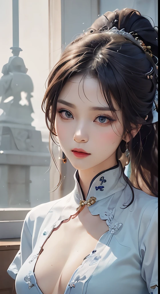 1 beautiful girl wearing Hanfu, Light blue silk shirt,There are many white patterns, White lace, Purple black long ponytail, Hair accessories, earring, Necklaces and Necklaces, Carefully drawn big blue eyes, Delicate makeup, thin eyebrows, high nose, Beautiful red lips, no smile, Pouting your lips, red face, Breast enlargement, Huge breasts, Well-proportioned breasts, Slim waist, Colored fishnet stockings blue, let go, Chinese Hanfu style, Fictional art texture, Vivid colors, RAW photos, Realistic photos, Ultra-high quality 8k hyper-realistic photos, (Excellent lighting effects) Astonishing: 1.8), 10x pixel, magic effect (background): 1.8), super detailed eyes, girl upper body, Girl Portrait, Girl alone, 汉服的background,