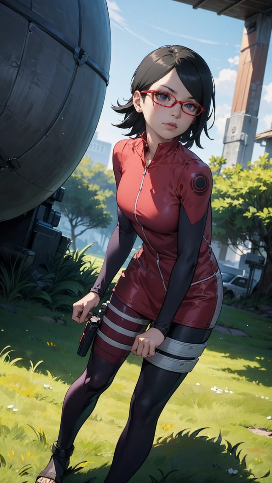 (Sarada Uchiha,short hair,black hair,glasses),full body picture Unreal Engine 5 8K UHD of beautiful girl, green Japanese style long hair, ((wearing futuristic black tight battle suit)), half face mask, (futuristic neck collar), grass green light details, best quality, masterpiece