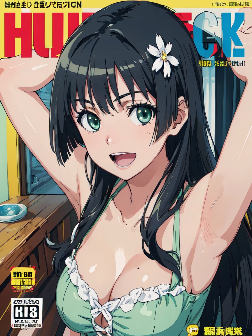 hustlercover, (High resolution:1.4), (masutepiece:1.2), (High quality:1.3) 1girl, saten ruiko, hair ornament, green eyes, long hair, black hair, small breast, huge smile. open mouth
