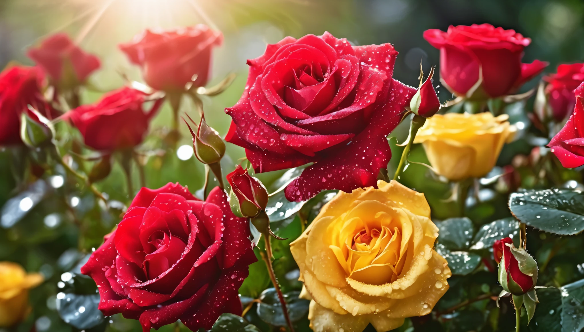 Many red and yellow rose flowers in the garden and sunlight with bokeh, dew drops on flower petals (masterpiece, ultra quality, high resolution, 8k, intricate: 1.2), (masterpiece), (best quality:1)