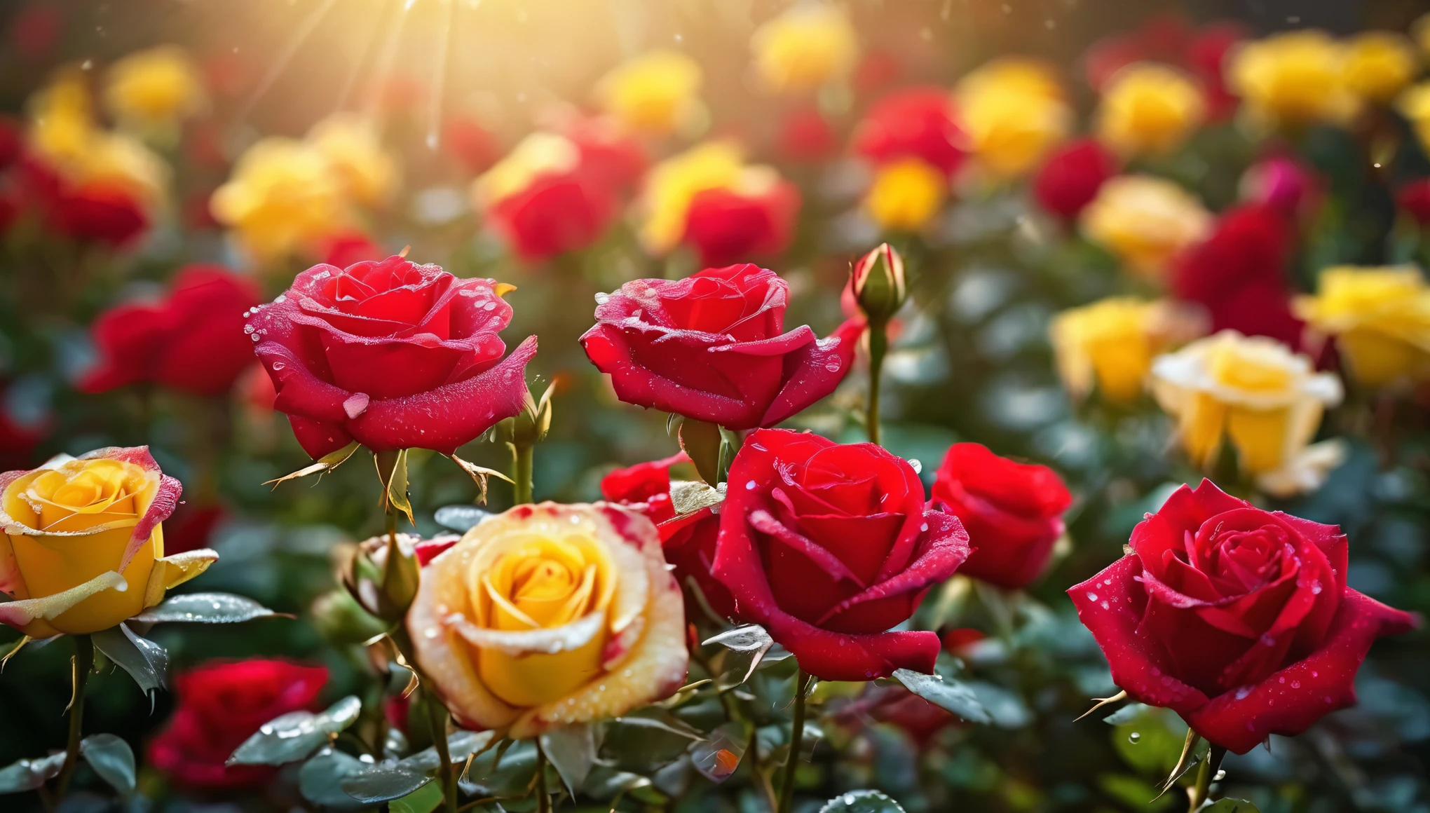 Many red and yellow rose flowers in the garden and sunlight with bokeh, dew drops on flower petals (masterpiece, ultra quality, high resolution, 8k, intricate: 1.2), (masterpiece), (best quality:1)