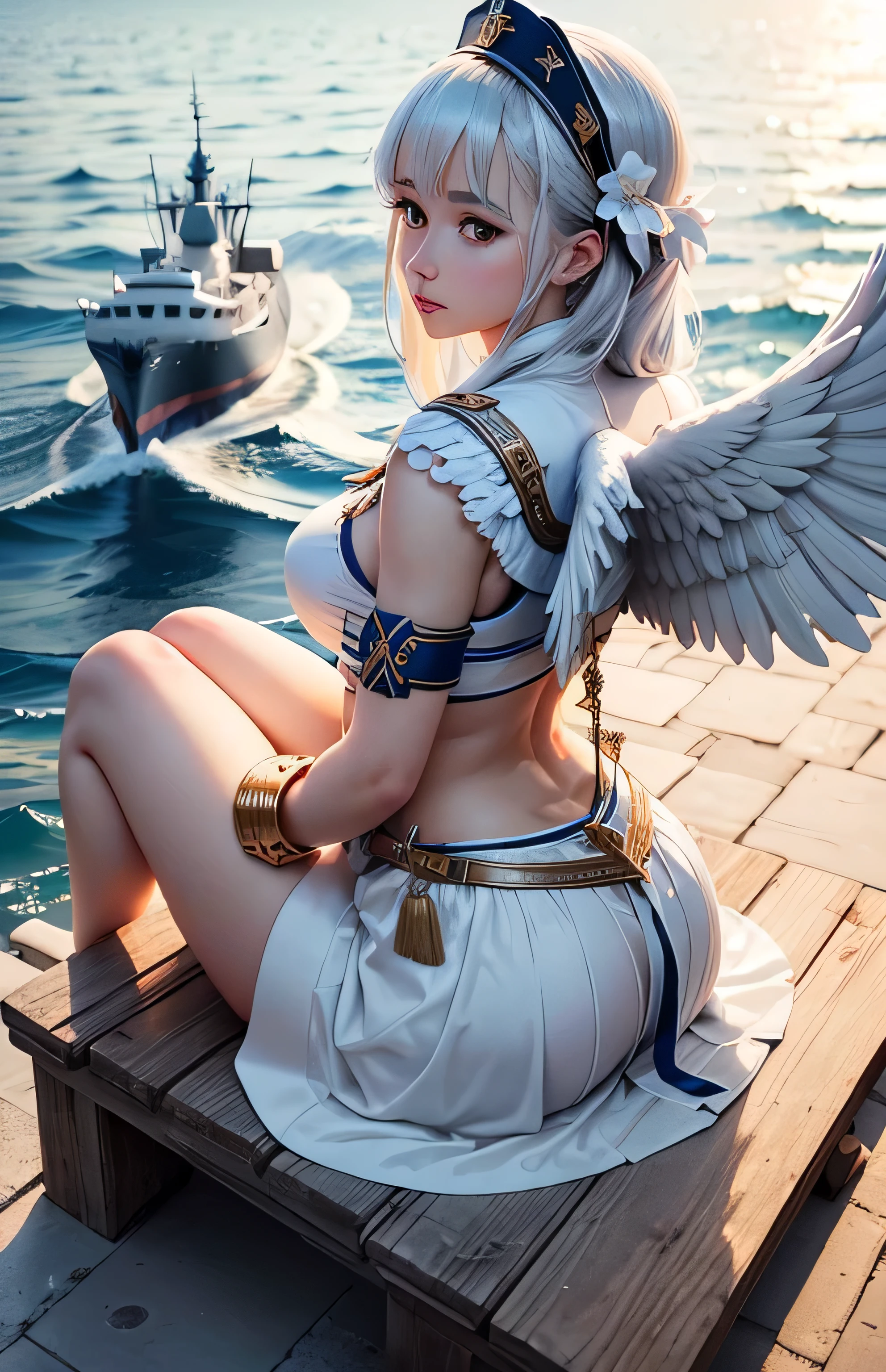 Greek warships、She has white angel wings on her back