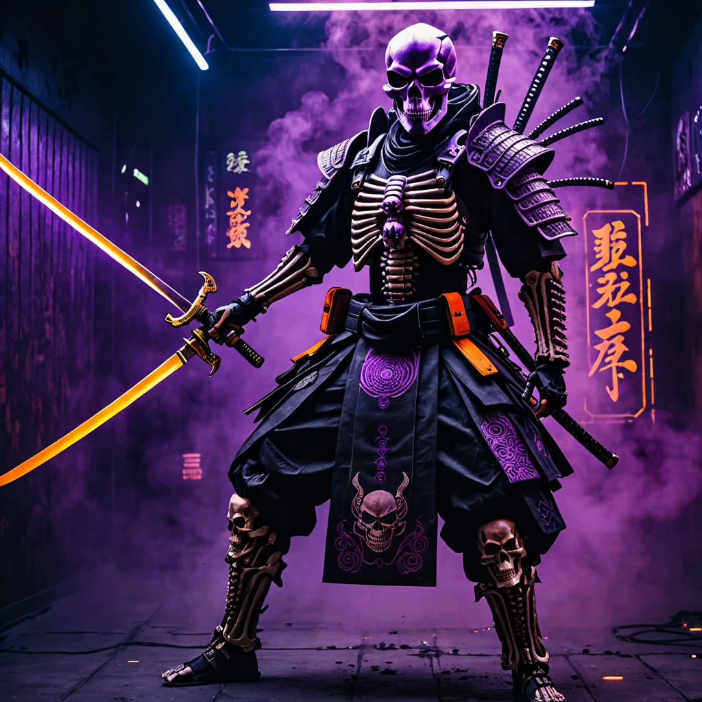 The fullbody in action of cyberpunk skull samurai, surrounded by a black cobra in the style of ethereal photography, single lighting, grunge background, orange and purple smooke, skeleton, Dark aesthetic, detailing aesthetic, hyper realistic, cinematic, Photography. Dark aesthetic