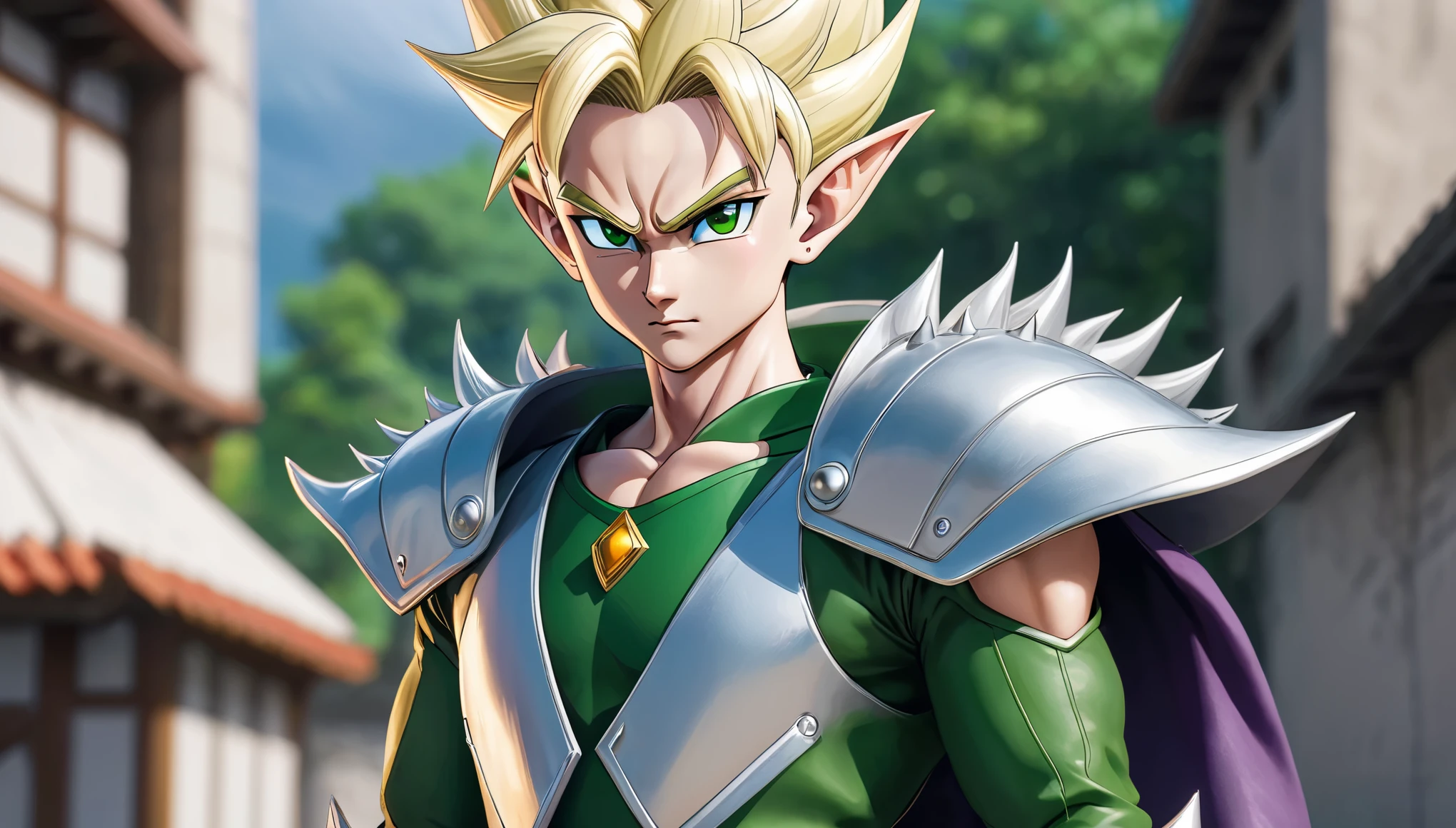 (masterpiece), 8k, best quality, panoramic view, full body, elf, male, teenager, white skin, thin body, pointed elf ears, beautiful finely detailed silver eyes, high forehead, spiky blonde yellow hair like Gohan from the anime dragon ball (super sayajin), Round face, highly detailed, sharp focus, Incredibly handsome, looking at the camera, green leather overcoat with fibers, silver shoulder pads, silver forearms, silver belt and boot protection silver, conservative stance.