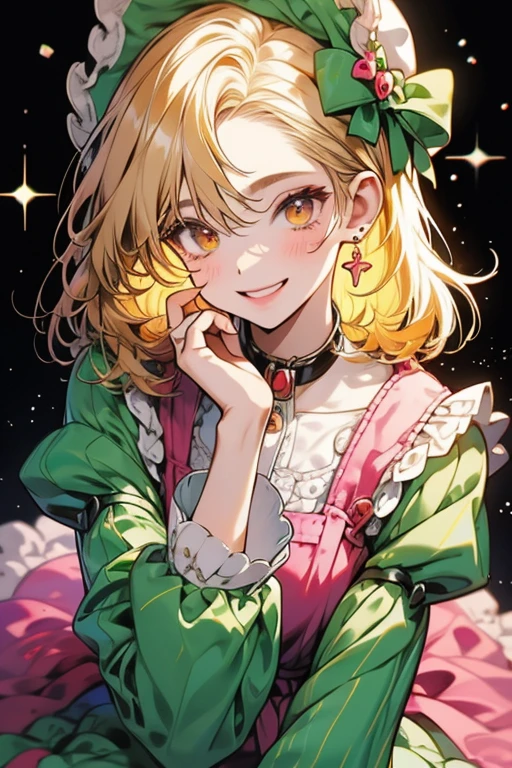 She is wearing a green long-sleeved dress with orange stripes on the sleeves and hem。, It has an orange ruffled collar.. She also has blonde curly hair, eyelash, Pink lipstick. Shine; glitter