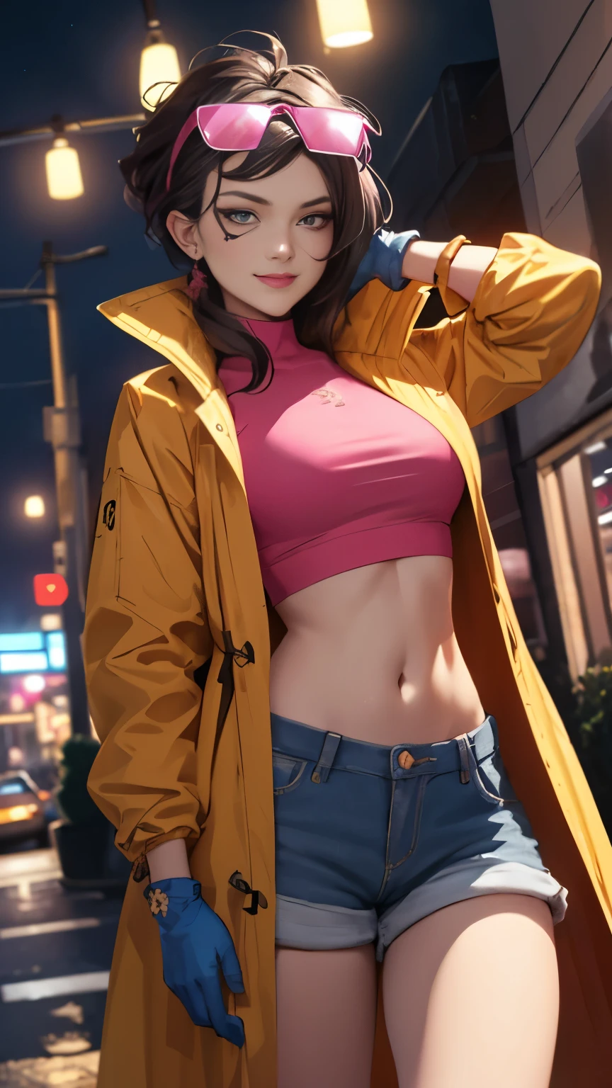 (Highly quality, masterpiece, detailed), night city detailed scenario, night city detailed background, solo, jubilee, pink crop top, raincoat, jean shorts, blue gloves, eyewear on head, smirk, navel, perfect face, beautiful eyes, looking at the viewer, Sexy pose