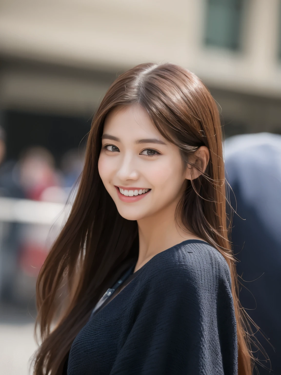 ((Best quality, 8k, Masterpiece :1.3)), 1girl, smiling, full body, slim face, Pretty woman, (Dark brown hair), full length dress :1.1, Ultra-detailed face, Detailed eyes, Double eyelid, blur background, slim face, city, outside, street, Random body direction, full body shot, Shooting from a long distance,