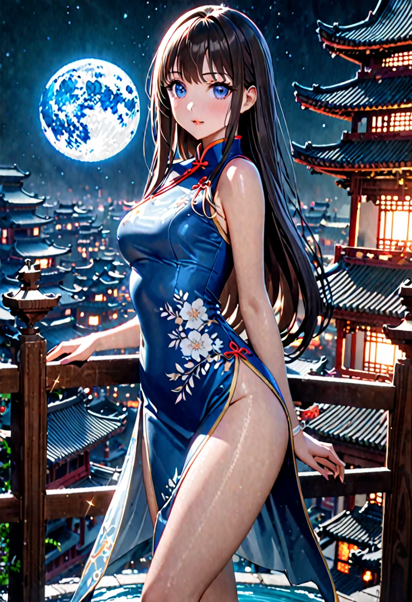 Inoue Takina,Royal sister,8K,Dingdall effect,highly detailed,bestquality,bestmasterpiece,Maximum rendering,Ultra High Definition,Movie Lighting Effects,Exquisite facial features portrayal,Having a sense of light,Fantastic Style,close up,long range,face the audience,Swaying figure,Beautiful curves,Gentle as water,Chinese style high waist open padded cheongsam beauty,Wearing a blue and white porcelain cheongsam,It's like a shining pearl,Long legs,Showing thighs,Elegant yet noble,Blue eyes sparkle,Blue long straight hair,Back to the sandalwood balcony,Standing on the balcony of a tall building, looking at the bright moon