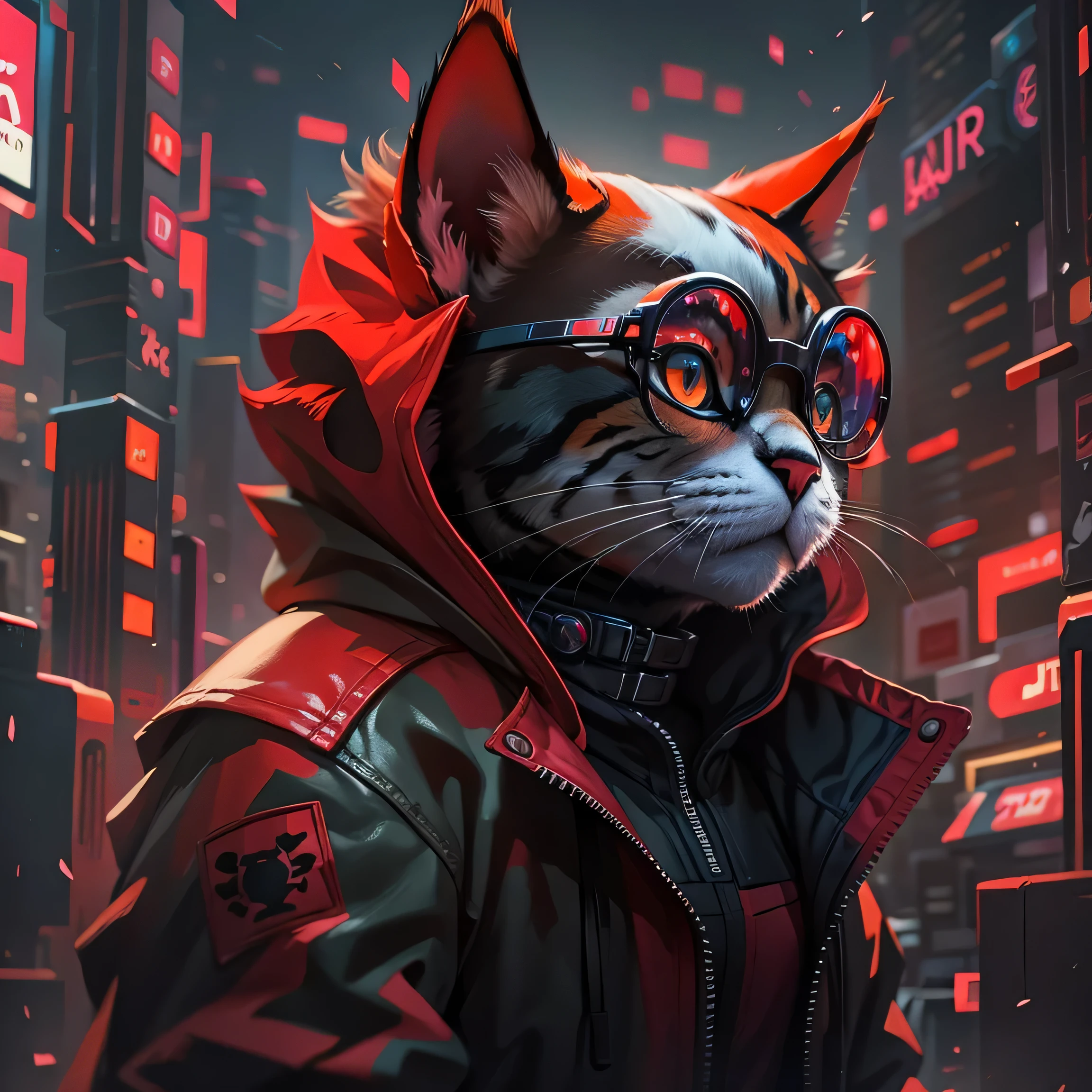 There is a cat wearing a red jacket and glasses., Cyberpunk art by Anton Fadeev, Trending on CGSociety, fur art, Cyberpunk Cat, Red eyes, red eyes, Red eyes, cyborg cat, red glowing eyes, Red eyes, cat - like scarlet eyes, Assassin Cat, bright Red eyes, devil cat, fully Red eyes, cybercat