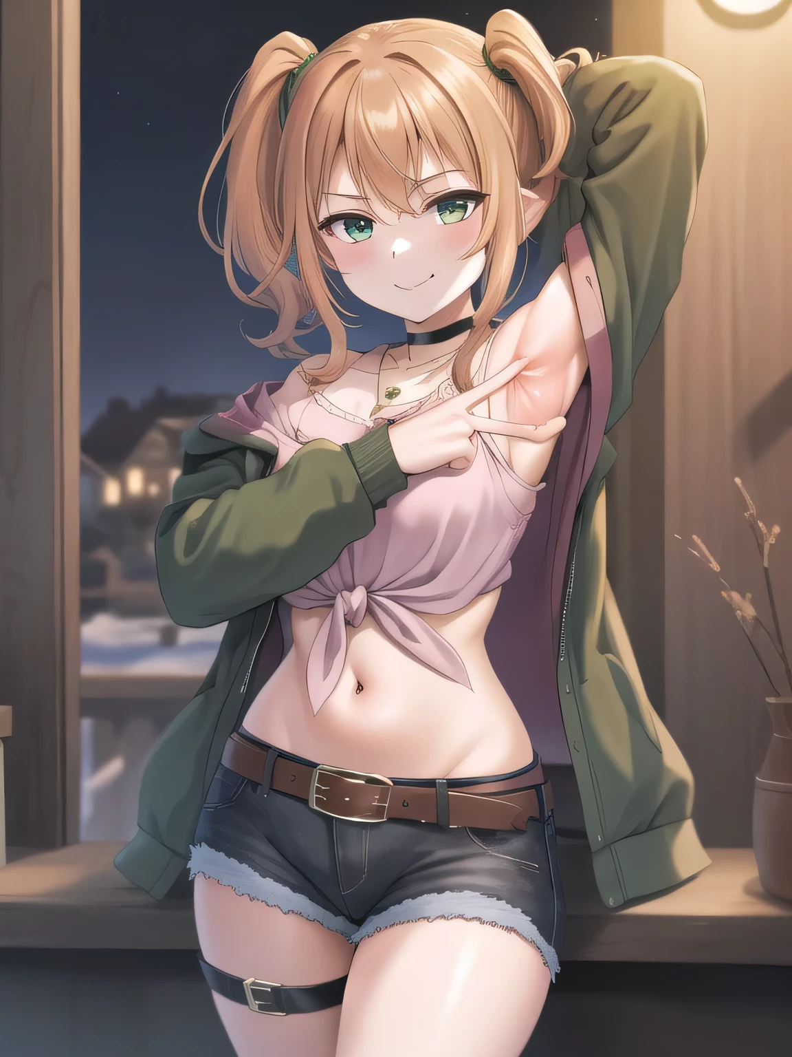 (masterpiece, best quality:1.2),illustration,8k,hd,1girl,solo, green eyes,side ponytail,brown hair,jacket,tied shirt,pink shirt,belt,choker,long hair,midriff,necklace,jewelry,off shoulder,green jacket,denim shorts,breasts,long sleeves,black shorts,black choker,bangs, solo, night sky, forest, arms behind head, contrapposto, spread armpits, closed mouth, smile, upper body,