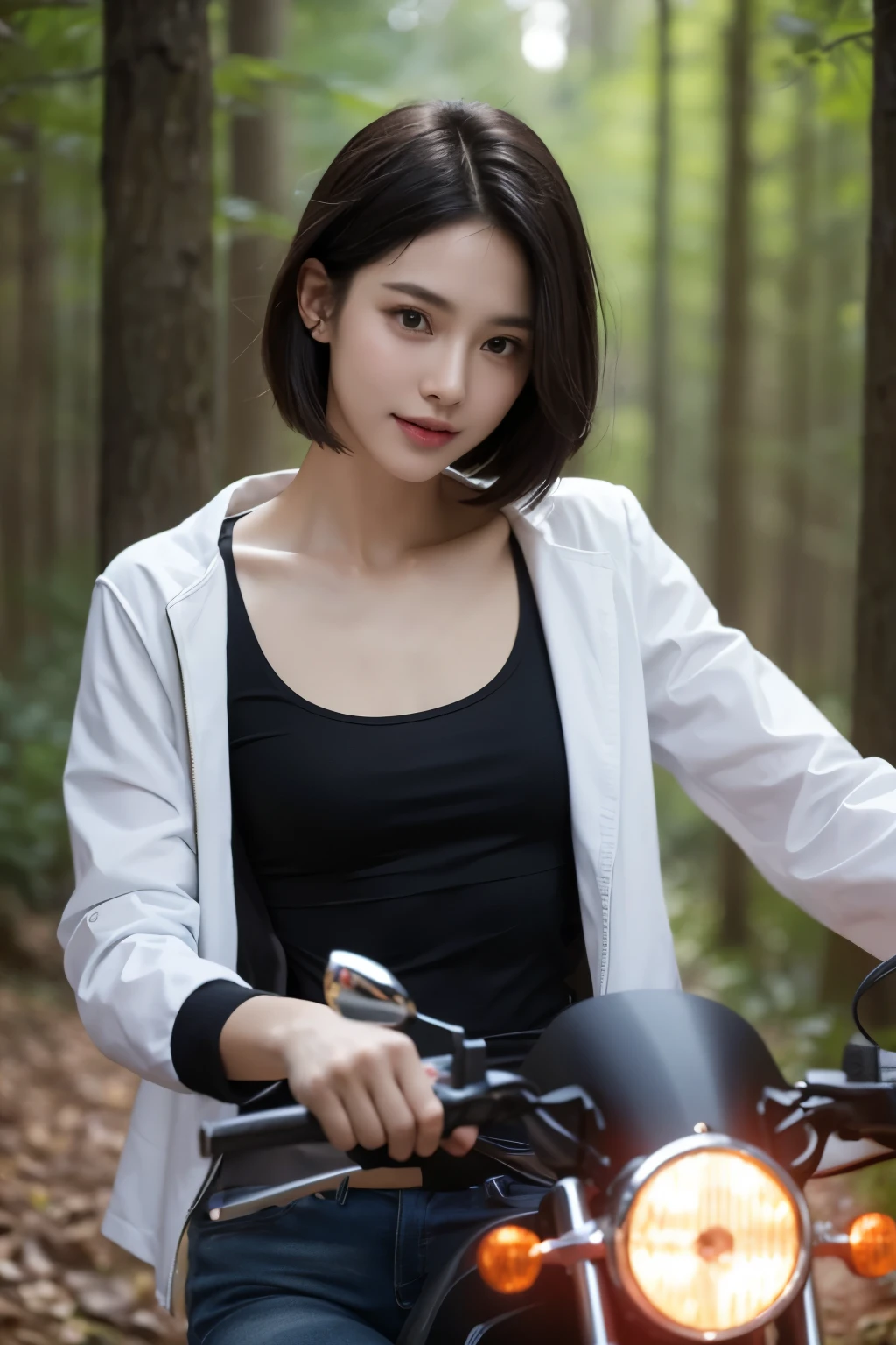 ((,tomboyish,small head)), (well defined abs: 1.1), (perfect body: 1.1), (short length straight hair: 1.2), black hair,attractive collarbone，（Highly detailed CG 8k wallpaper），（Incredibly stylish and beautiful），（masterpiece），（best quality：1.0），（초high resolution：1.0），upper body photo，[high resolution]，beautiful girl riding a motorcycle，jollity，smile，Smooth, flawless, fair skin，Ultra-detailed ，long legs，flattest，slim，emaciated，Popular fashion styles in Korea, jacket, in the forest，Realistic motorcycle perfect details，enlargement，midnight，The lights are dark，starry