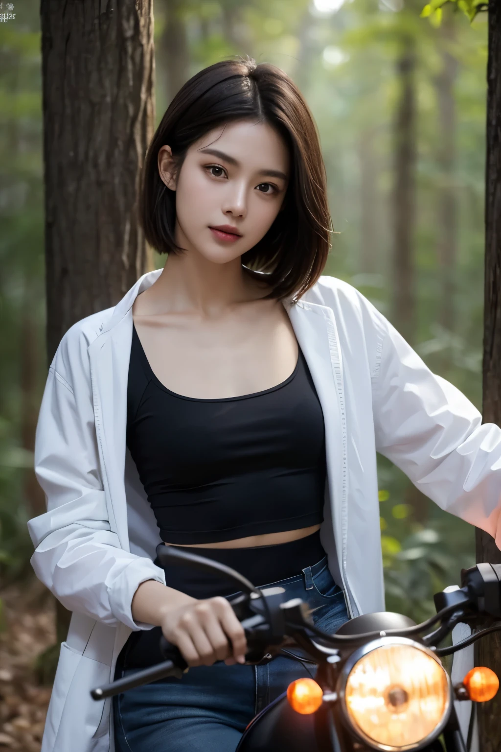 ((,tomboyish,small head)), (well defined abs: 1.1), (perfect body: 1.1), (short length straight hair: 1.2), black hair,attractive collarbone，（Highly detailed CG 8k wallpaper），（Incredibly stylish and beautiful），（masterpiece），（best quality：1.0），（초high resolution：1.0），upper body photo，[high resolution]，beautiful girl riding a motorcycle，jollity，smile，Smooth, flawless, fair skin，Ultra-detailed ，long legs，flattest，slim，emaciated，Popular fashion styles in Korea, jacket, in the forest，Realistic motorcycle perfect details，enlargement，midnight，The lights are dark，starry