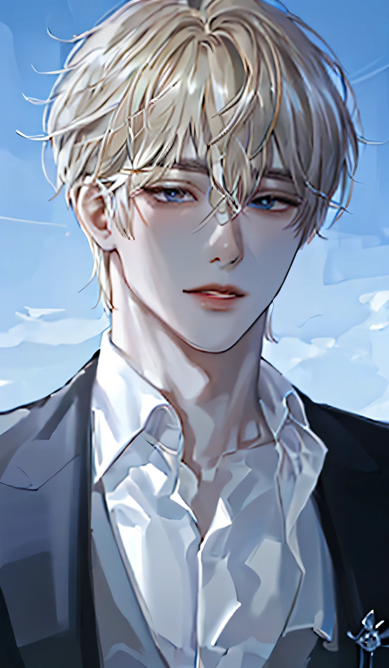 1 man, portrait, Beautiful handsome, alone, lips, male focus, random color, looking at the viewer, short hair, gentle expression, suit,blonde platina hair, sky blue eyes