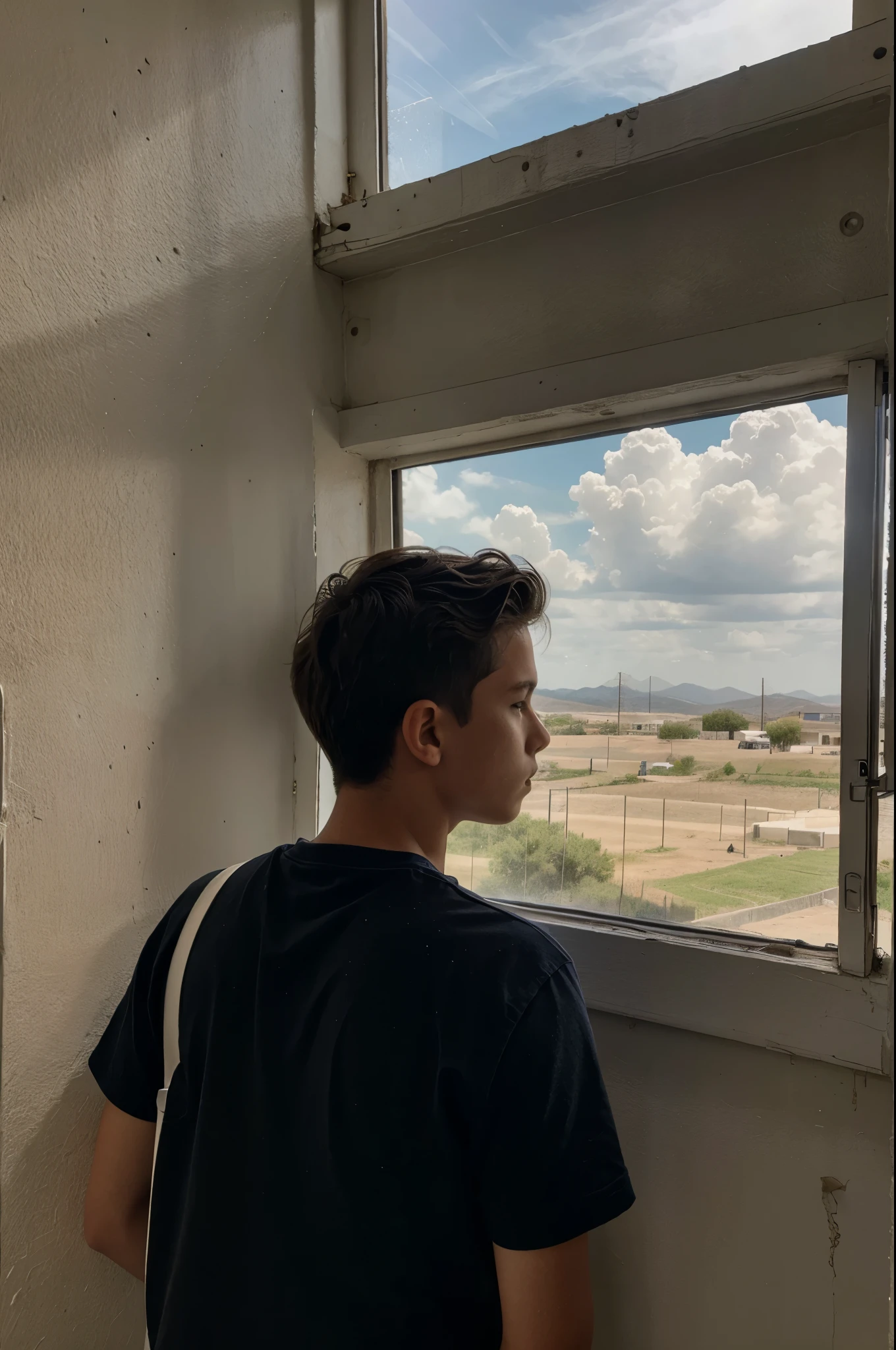 14 year old male teenager looking out the window, a las afueras de un campo de guerra, there was smoke