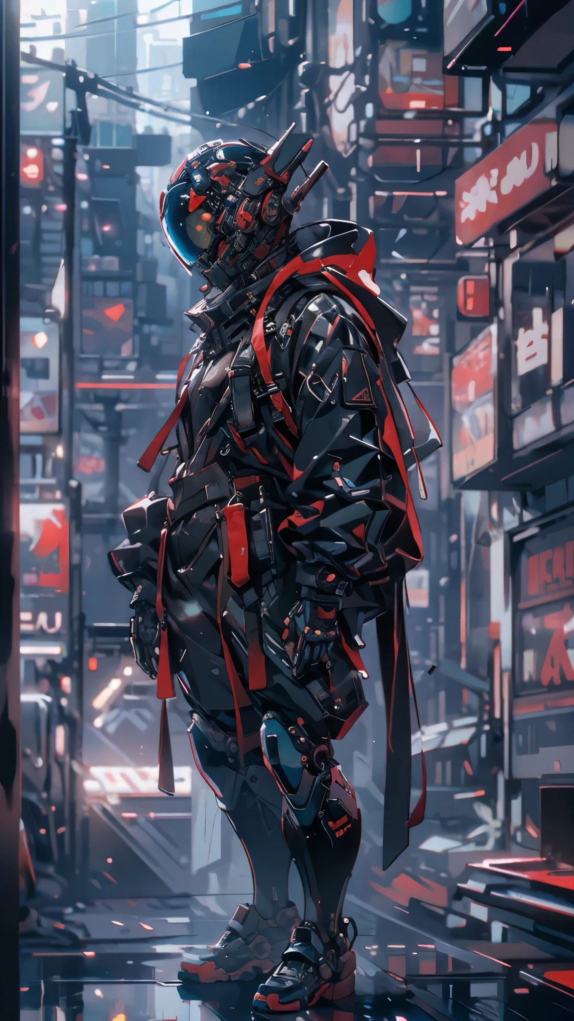 Robot,wearing cyberpunk helmet, techwear, standing in a urban alley, (full body view) , high angle view, {Close-Up},{Detail},{Focus},{close-up-shot},{close-up-photo},{close-up-picture},{zoom},{Magnification},{high-resolution},{high-res},{close-up-photograph},{detailed- image}