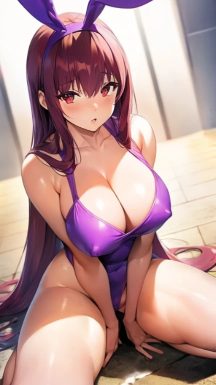 Purple hair, long hair, red eyes, beautiful and well-shaped face, big breasts, firm body, big butt, thick thighs, wide open thighs, crouching, ((naked)), (pussy), purple pubic hair, rabbit ear headband, standing in honor, ((((poop sitting)))), (((open your crotch widely,)))