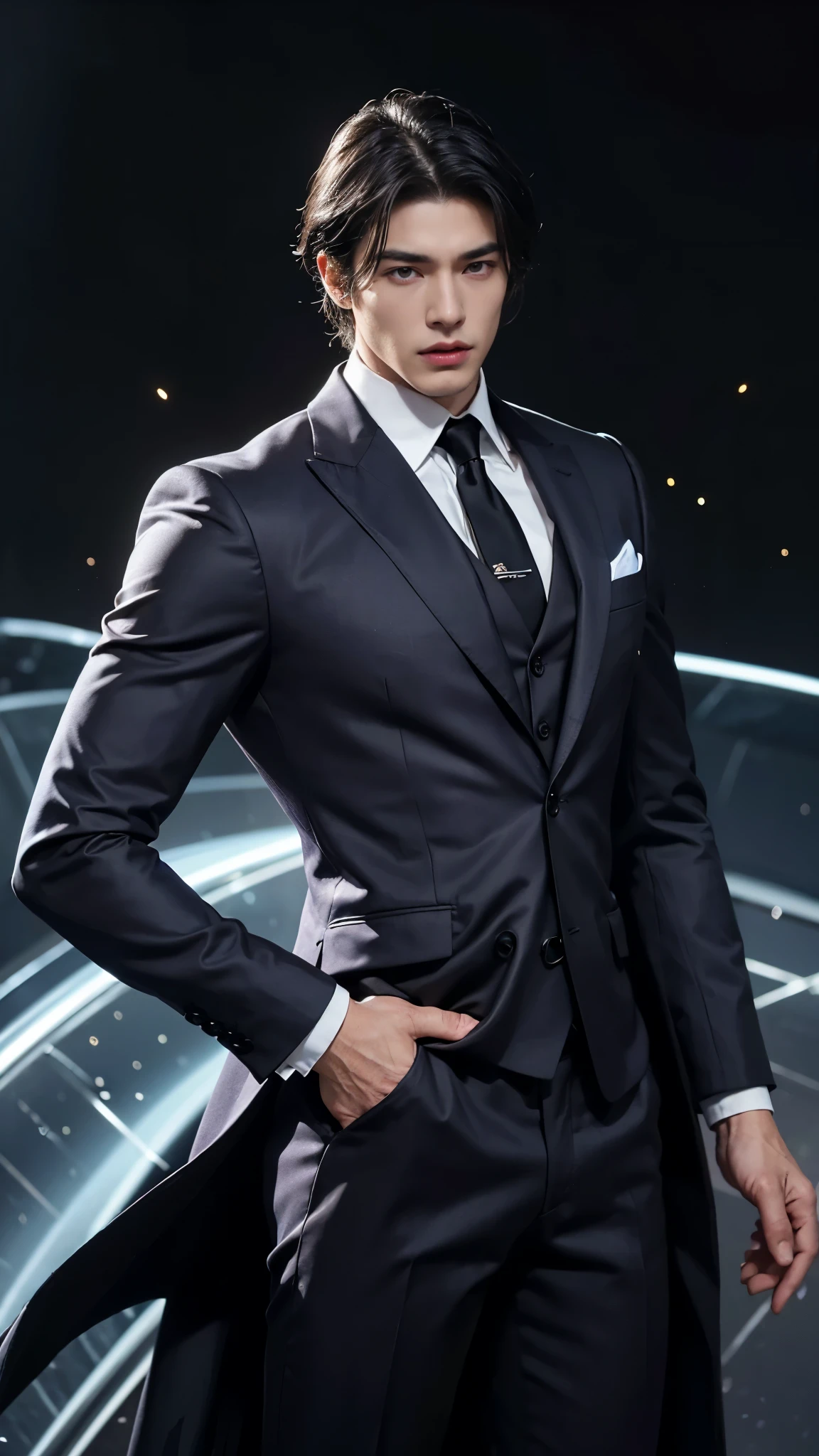 Dressed in a well-tailored suit、A muscular man with black hair and captivating purple eyes、It exudes an aura of strength and discipline.。His exquisitely defined facial features are three-dimensional and perfect.、This is accentuated by the sharp angles and sleek lines of his suit.。With his confident stride, he commands attention.、His suit reflects the glow of the light particles that surround him.。This masterpiece is、High resolution, detailed luxury images、Boasting award-winning work from top photography masters。His suits are made from the finest materials.、Gives off a lustrous sheen、Every stitch and fold is visible in intricate detail。The man exudes inv