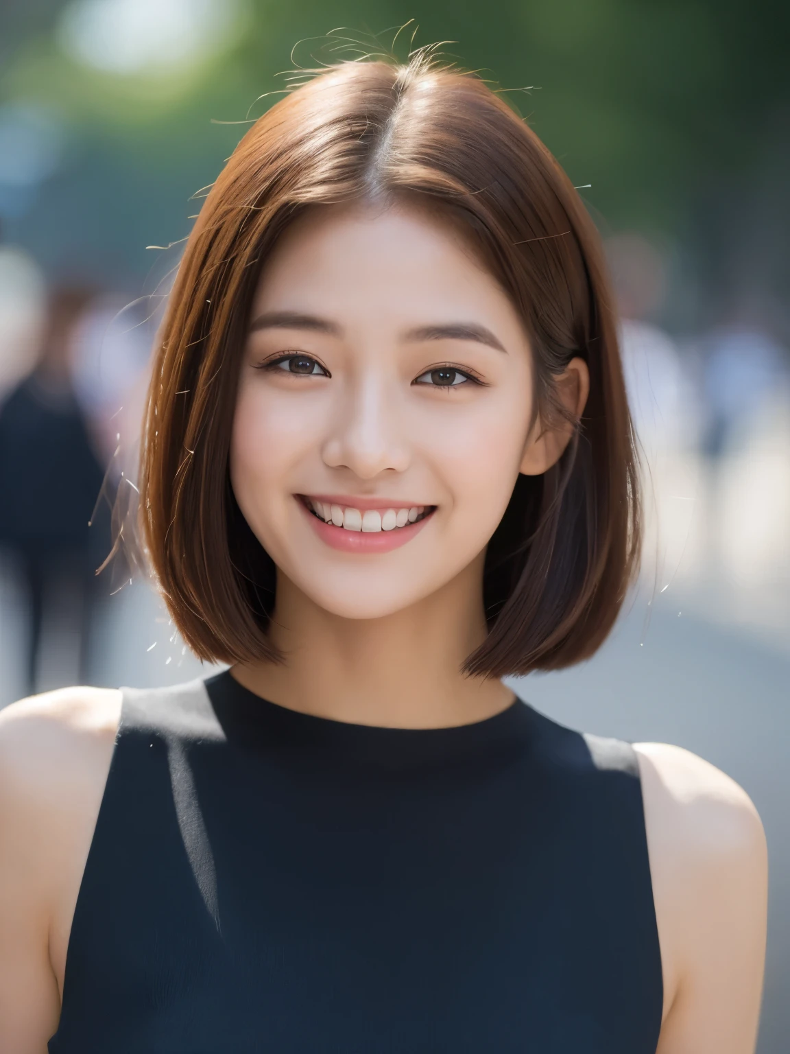 ((Best quality, 8k, Masterpiece :1.3)), 1girl, smiling, full body, slim face, Pretty woman, (Dark brown hair), full length dress :1.1, Ultra-detailed face, Detailed eyes, Double eyelid, blur background, slim face, city, outside, street, Random body direction, full body shot, Shooting from a long distance,