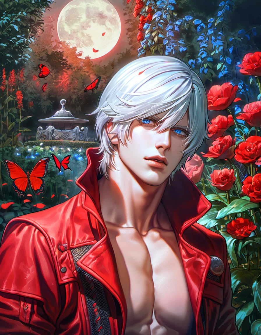 absurdres, highres, ultra detailed, HDR, masterpiece, Dante, white hair, expressive blue eyes, Devil May Cry, 1man, handsome, red coat, showing the chest, garden, red petals, red flowers, red butterflies, moon