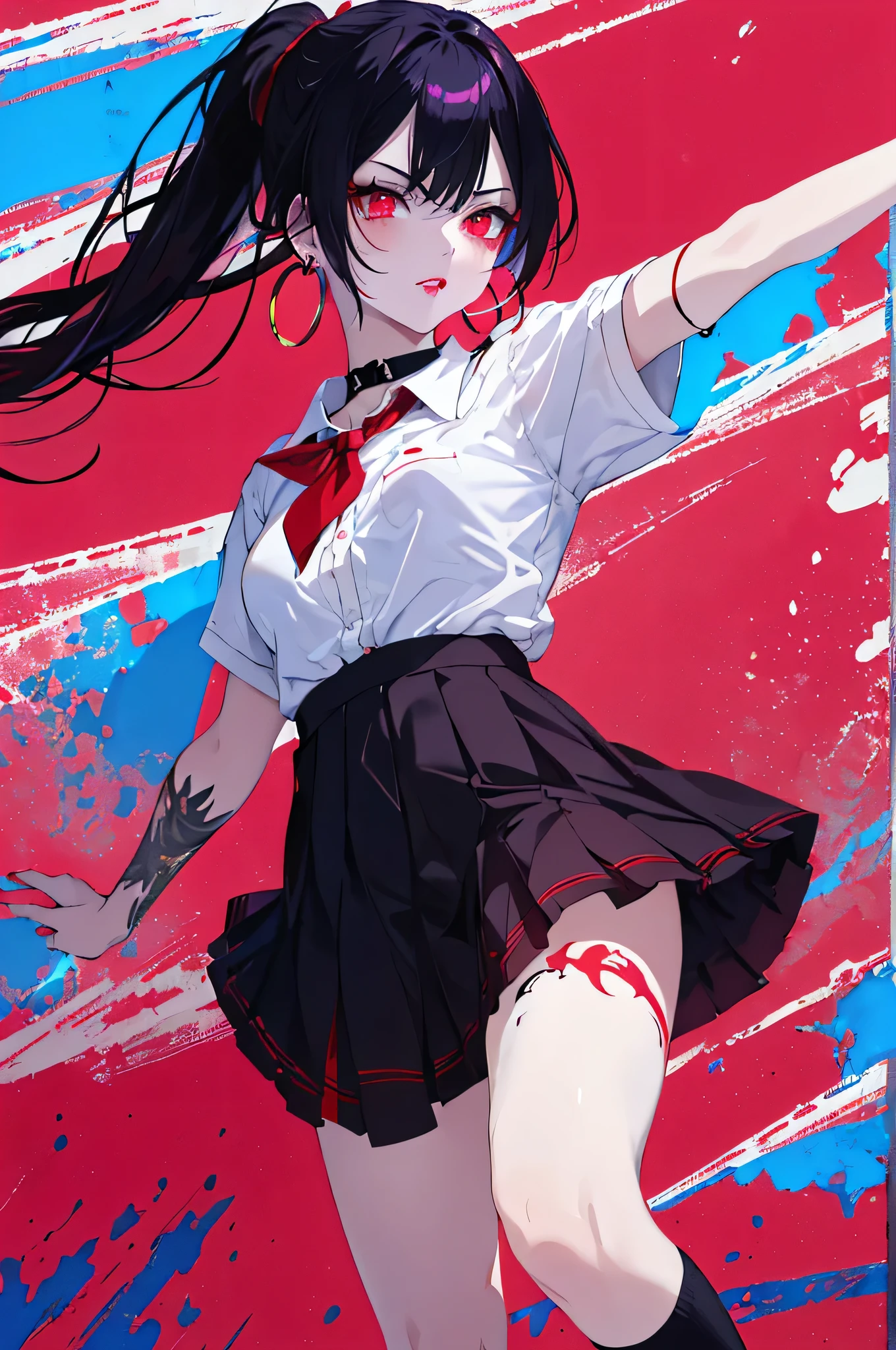 Red eyes, Clear Eyes, choker, Neon Shirt, torn legwear, open jacket、Blue pubic hair catches my eye,Bright red background、((Red background)), graffiti, Shineing grafiti, Shineing tattoos, Shine, Neon Light, Black light,Anime Style, movie portrait photography, 1 female, 22 years ago, Whole Body Ezbian,Big and ample breasts, anger, (Scarlet Hair), Long Hair, Purple eyes, wearing a short black dress, (Natural skin texture vivid details, Surreal, (Realistic eyes, Natural skin texture, Realistic facial details), Soft and dramatic lighting, Written boundary depth, Bokeh, vivid details, Surreal, 35mm movie, Absent-minded, movie,lipstick, ear piercing, eye shadow, Hoop Earrings, red pink lips, multicolored red eyes, Red background,Beautiful Eyes,Bold Pose、Strike a Pose,upper ponytail,drooping bangs,Droopy eyes、((school uniform))、high school girl,Raise your arm、Raise your fist