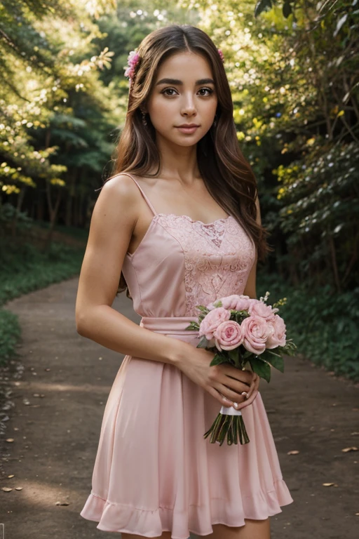 Una foto de cuerpo completo de la princesa ., By the chestnut, brown eyes, vestido de una princesa real, en rosado+dorado , busto S, teniendo en la mano un bouquet de rosas. Fondo: Bosque hermoso donde hay un rio. Motor irreal 5, animado, animado style, Obra maestra, ojos bien dibujados, cara bien dibujada, ojos bien detallados, cara bien detallada, 8k, efecto de luz y sombra.  