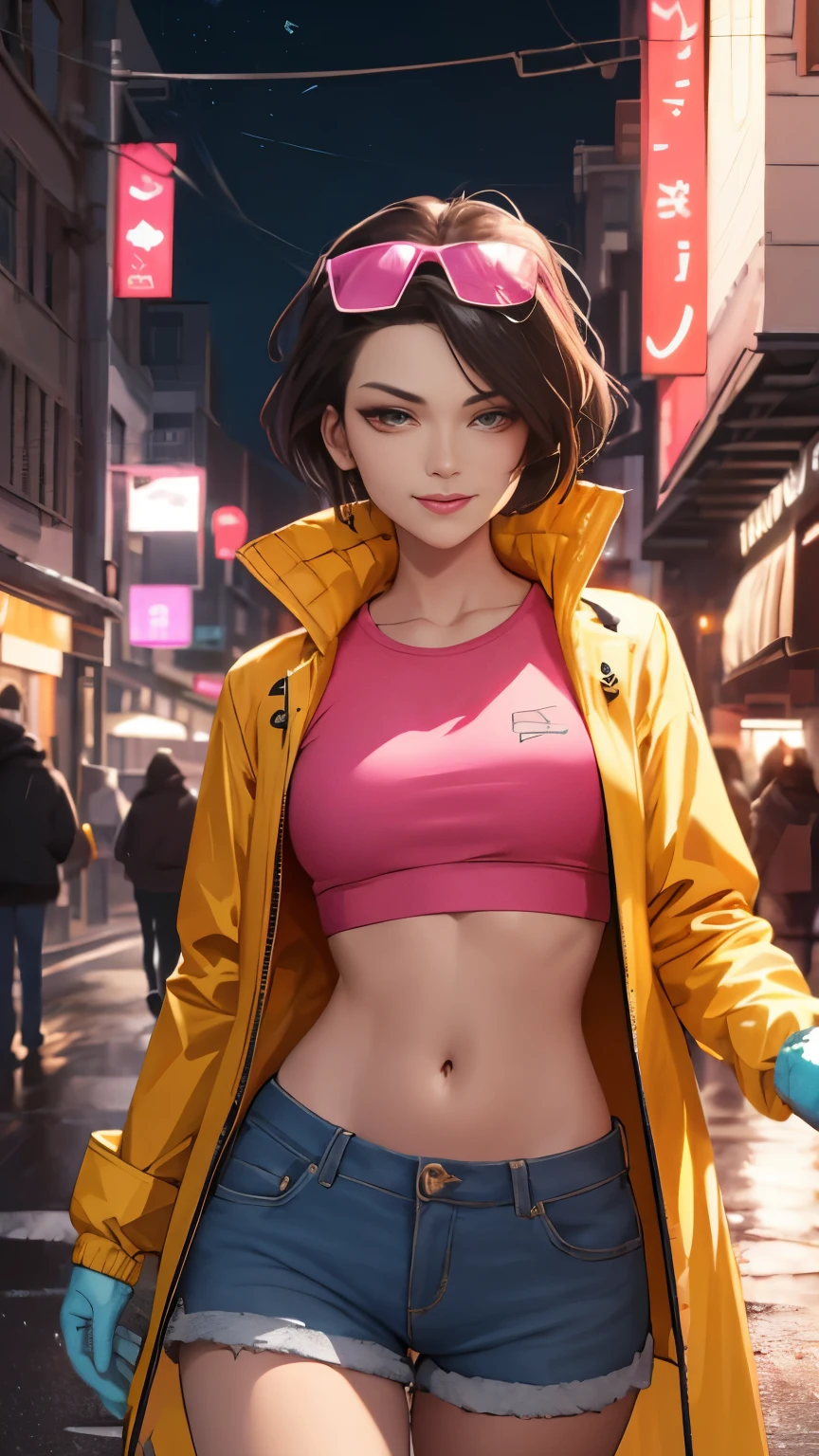 (Highly quality, masterpiece, detailed), night city detailed scenario, night city detailed background, solo, jubilee, pink crop top, raincoat, jean shorts, blue gloves, eyewear on head, smirk, navel, perfect face, beautiful eyes, looking at the viewer, Sexy pose