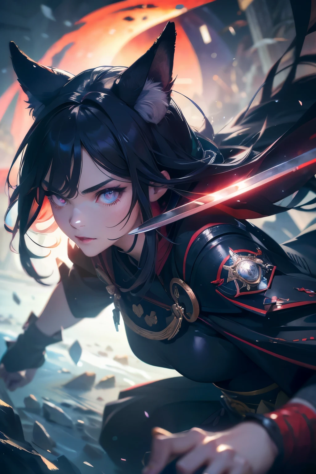 A wolf woman,samurai captain,beautiful detailed eyes,beautiful detailed lips,extremely detailed eyes and face,longeyelashes,(best quality,4k,8k,highres,masterpiece:1.2),ultra-detailed,(realistic,photorealistic,photo-realistic:1.37),HDR,UHD,studio lighting,ultra-fine painting,sharp focus,physically-based rendering,extreme detail description,professional,vivid colors,bokeh,portraits,landscape,horror,anime,sci-fi,photography,concept artists,colorful palette,gentle sunlight, fullbody shot, holding a katana 