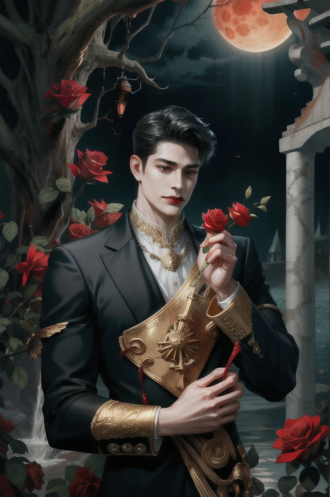 (absurdres, highres, ultra detailed), 1man, mature , upper body, gold and black hair, fantasy,, in blood water, closed mouth, handing with rose, waiting for something, black suit, blood moon, wet , red lip, HD quality