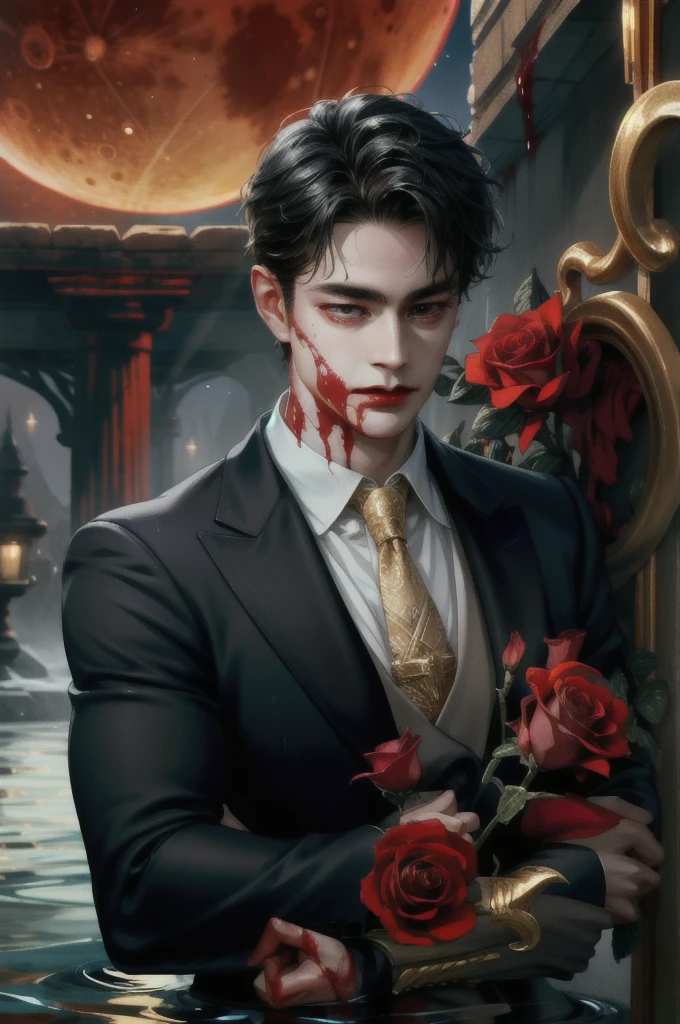 1 man,guy, handsome,Standing , at night,vampire boy,thick red long hair, long hair, red eyes,sexy boy, black shorts,at night,ultra detail, perfect face, clear face, HD face,Ultra detailed face,blood splash, boy only, one boy,1 male, 1 man,1men