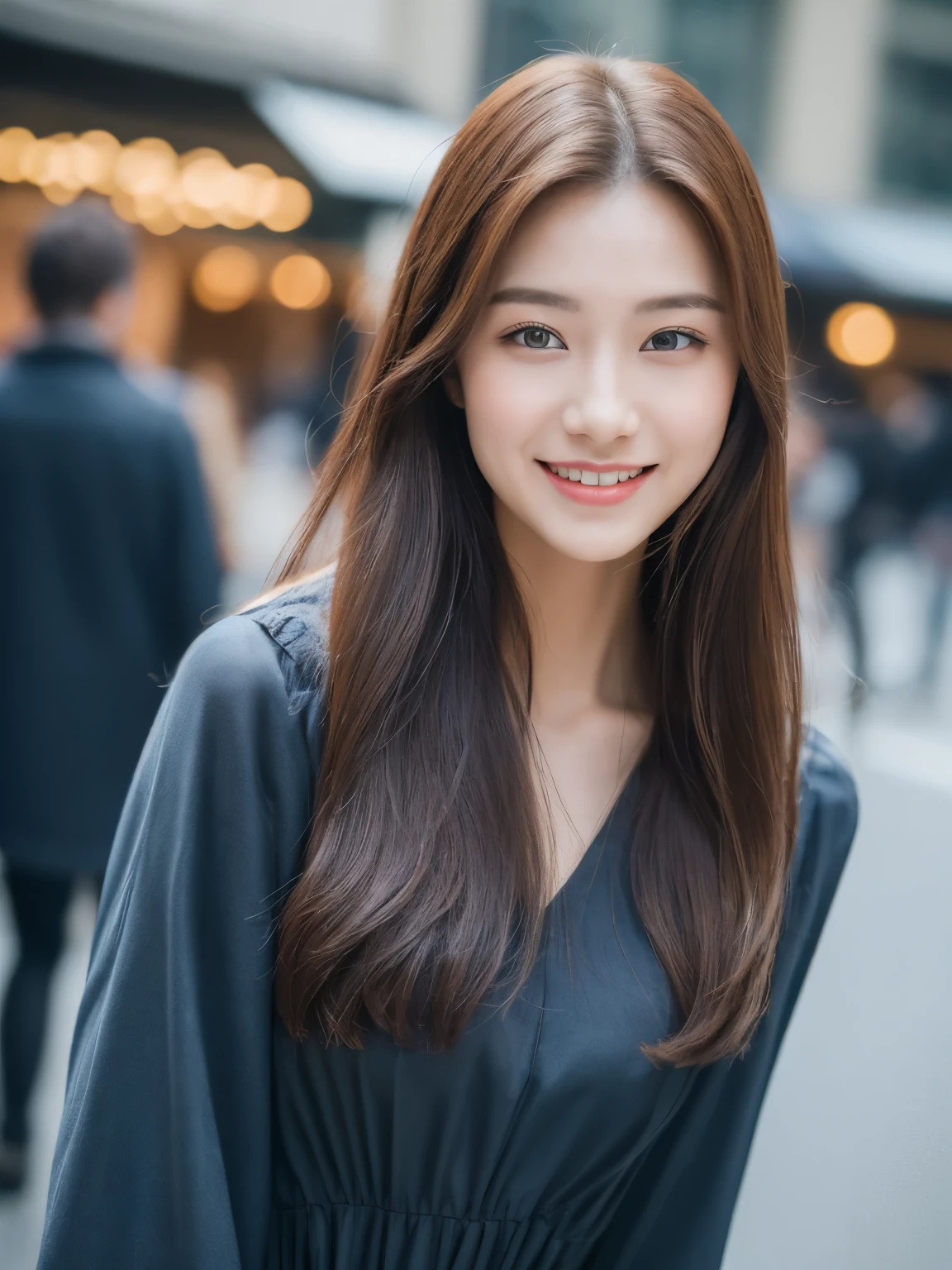 ((Best quality, 8k, Masterpiece :1.3)), 1girl, smiling, full body, slim face, Pretty woman, (Dark brown hair), full length dress :1.1, Ultra-detailed face, Detailed eyes, Double eyelid, blur background, slim face, city, outside, street, Random body direction,