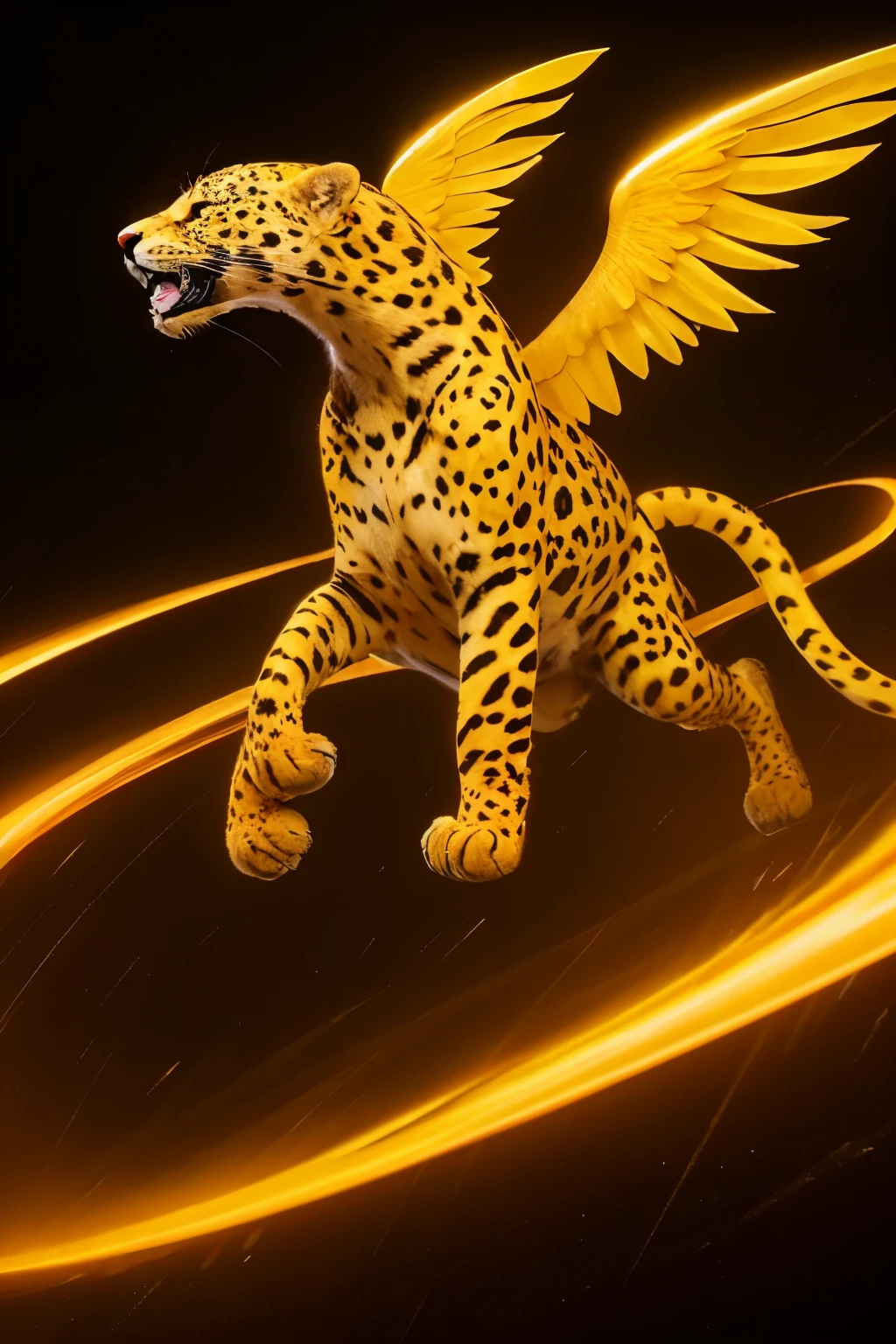 yellow jaguar with four wings, criatura mitica, grande, feroz,