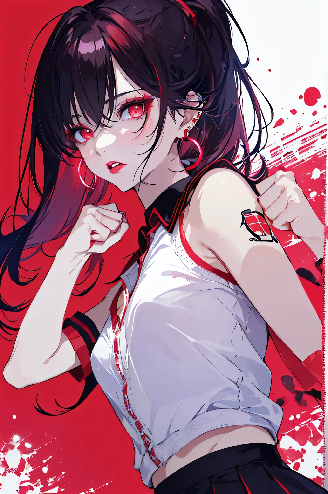 Red eyes, Clear Eyes, choker, Neon Shirt, torn legwear, open jacket、Blue pubic hair catches my eye,Bright red background、((Red background)), graffiti, Shineing grafiti, Shineing tattoos, Shine, Neon Light, Black light,Anime Style, movie portrait photography, 1 female, 22 years ago, Whole Body Ezbian,Big and ample breasts, anger, (Scarlet Hair), Long Hair, Purple eyes, wearing a short black dress, (Natural skin texture vivid details, Surreal, (Realistic eyes, Natural skin texture, Realistic facial details), Soft and dramatic lighting, Written boundary depth, Bokeh, vivid details, Surreal, 35mm movie, Absent-minded, movie,lipstick, ear piercing, eye shadow, Hoop Earrings, red pink lips, multicolored red eyes, Red background,Beautiful Eyes,Bold Pose、Strike a Pose,upper ponytail,drooping bangs,Droopy eyes、((school uniform))、high school girl,Raise your arm、(((Raise your fist)))