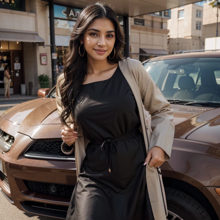 highres,realistic,portrait,young,beautiful,labanese,girl,20 years old,big eyes,detailed facial features,long eyelashes,sharp beautiful nose,wavy detailed black hair,natural makeup,fashionable attire,stunning smile,vivid colors,soft lighting,warm tones,rich skin texture,subtle shadows,natural environment,in grocery store parking lot,looking at viewer, lips, sly smile,perfect waist,earrings,perky butt,sexy,brown purse in her hand, wearing a Indian kurta dress with exposed belly